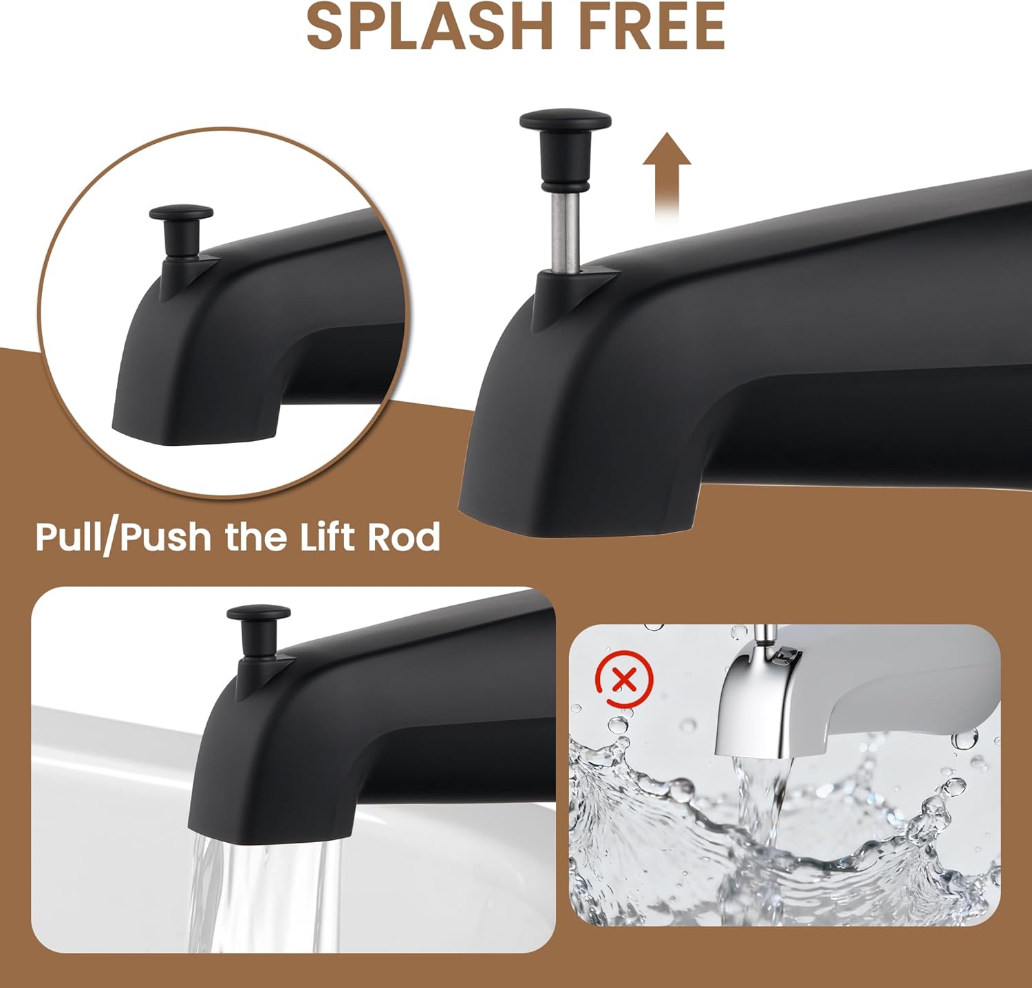 Bath Tub Spout, Plastic Slip-On Wall Front Mount, Fits 1/2'' Copper Pipe (4 Inch Reach), Includes Hex Wrench, Matte Black