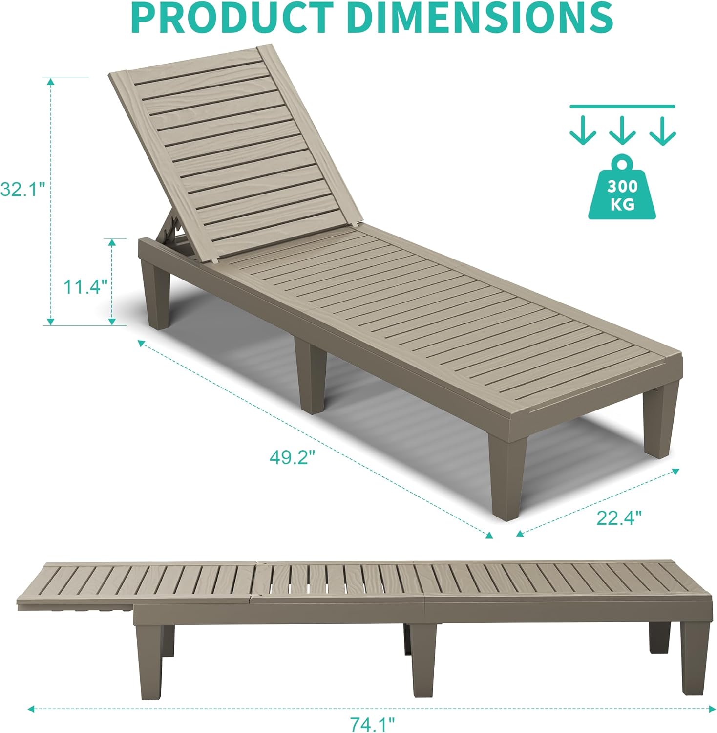 Outdoor Chaise Lounge Chairs Set of 2, 5-Position Adjustable Tanning Lounge Chairs with Wood Texture, All-Weather Resin Patio Lounge Chair for Pool, Garden, Deck, Beach, Striped Grey