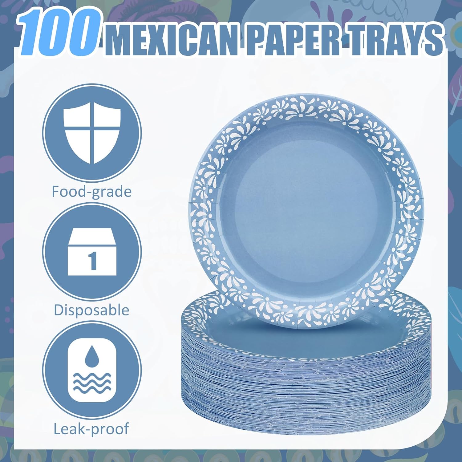 Yungyan 100 Pcs 9 Inch Blue Cielito Lindo Party Decoration Cielito Lindo Paper Plates Platos De Barro Mexican Plates for Baby Shower Talavera Wedding