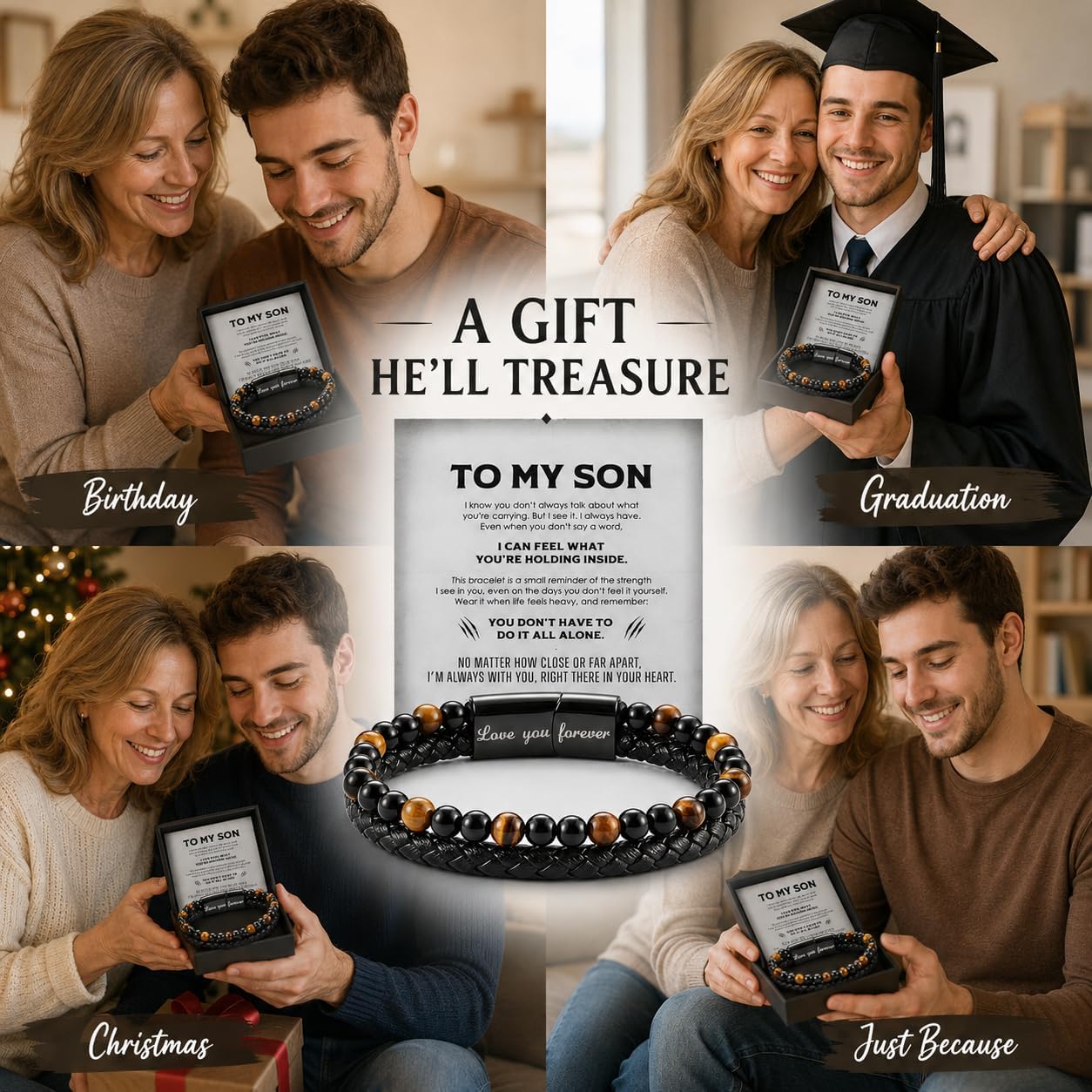 The Guardian - Son's Tiger Eye Protection Bracelet From Mom, Black Braided Leather natural stone Inspirational Bracelets Engraved Love You Forever Birthday Gift Jewelry