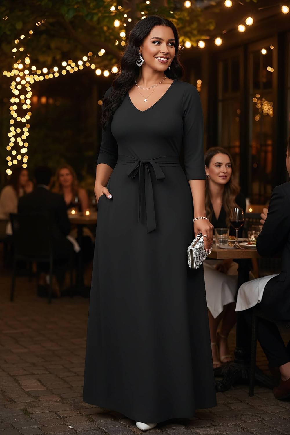 FANDEE Maxi Dress for Women, Long Casual Empire Waist Dresses 3/4 Sleeve V-Neck with Pockets - Image 4