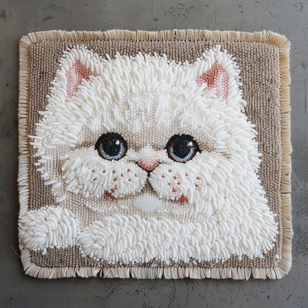Generic Cartoon White Cat Latch Hook Rug Kit for Beginner Easy Little Mat with Printed Canvas DIY Hook Making Crochet Yarn Craft Tapestry for Decoration and Gift 12x12inch, As Main Picture
