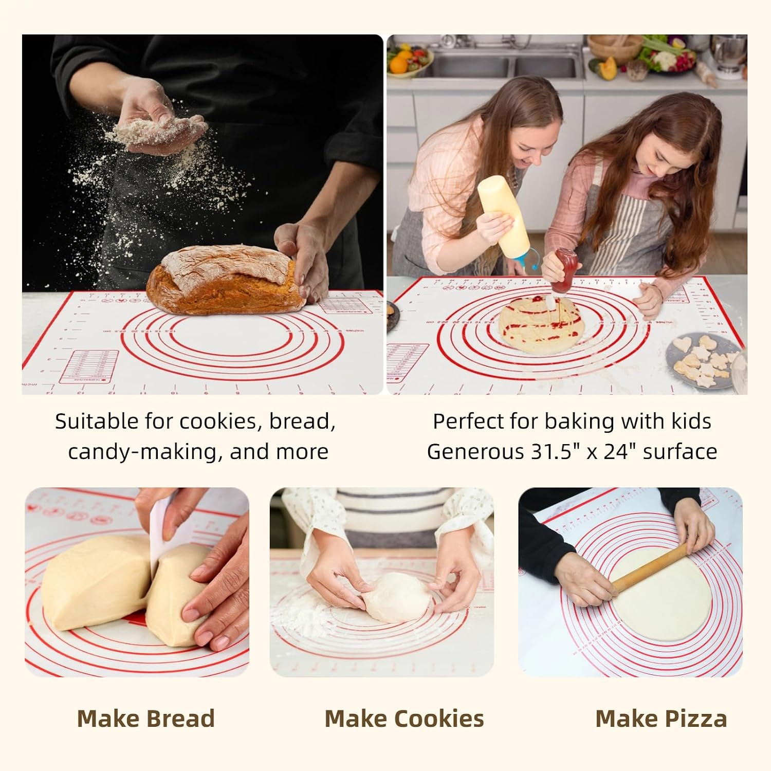 Extra Large Silicone Baking Mat for Rolling Dough (24" x 16") - Non-Stick Pastry Mat with Measurements - Heat Resistant & Non-Slip Kitchen Counter Protector for Fondant, Pie Crust & Pizza
