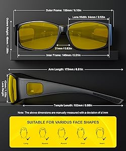 QALLY Night Vision Glasses, Fit Over Glasses Wrap Around HD Night Driving Anti Glare Glasses for Women Men