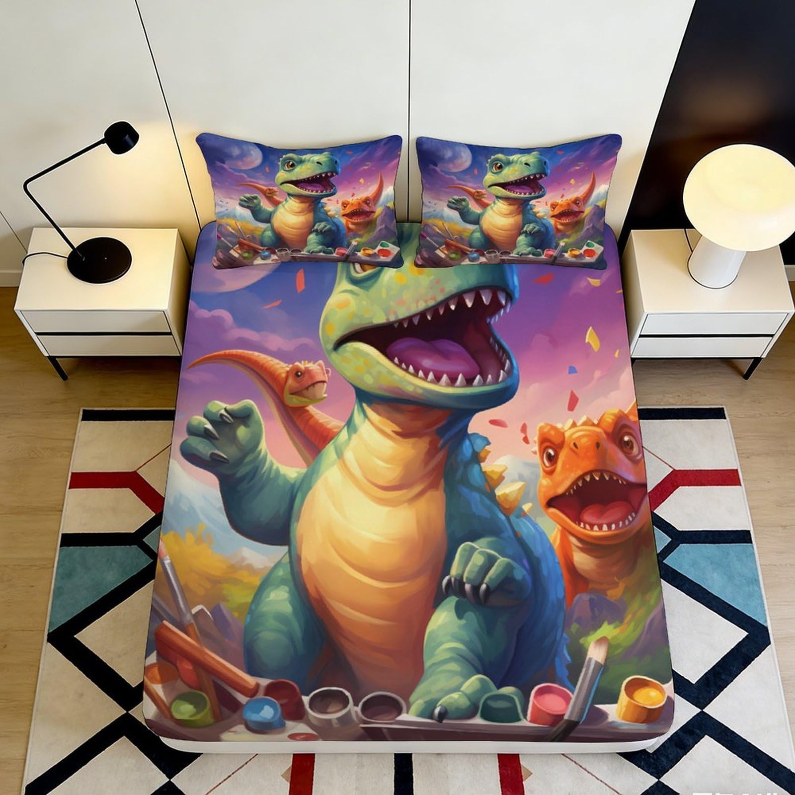 3D Printed Dinosaur Jungle Fitted Sheet Microfiber Soft Cartoon Volcano Bed Cover for Kids Bedroom Dorm Decor 90x200x25cm