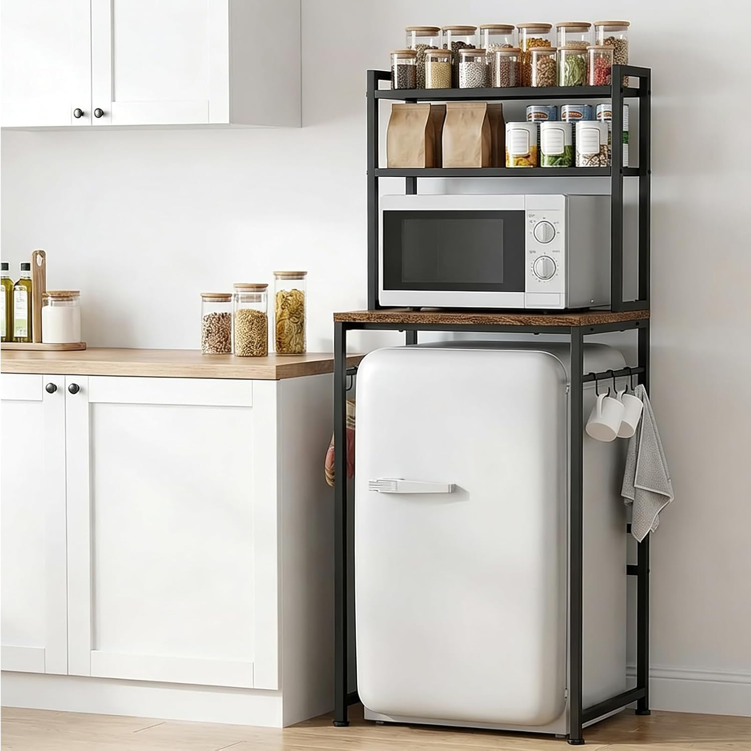 ikkle Mini Fridge Stand with Storage Shelves, 3-Tier Mini Fridge Rack with Microwave Storage, Wood Utility Storage Shelf with Mini Fridge Storage Space for Dorm Kitchen (Brown
