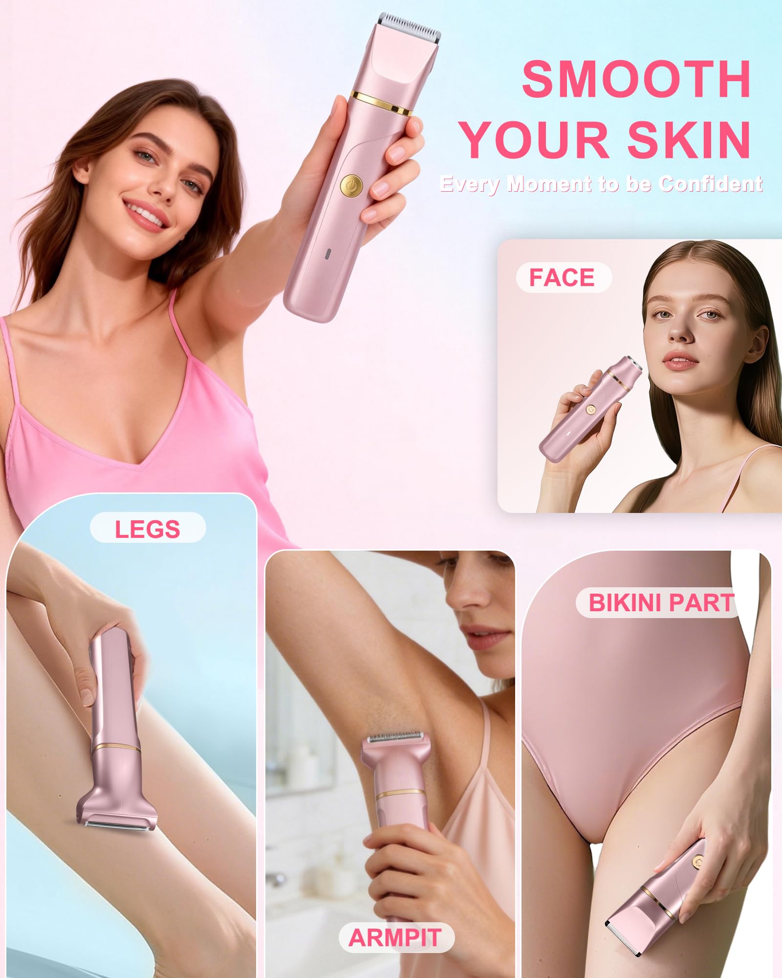 Rasoio da donna, 3 in 1, rasoio intimo da donna, depilatore per il viso da donna, rasoio elettrico da donna, per gambe, braccia e zona bikini, ricaricabile IPx7, impermeabile, trimmer da donna, oro