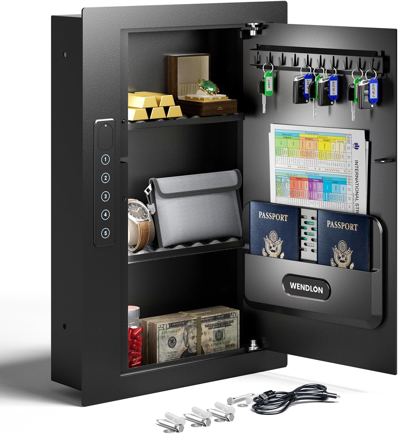 Quick Access Black Wall Safe with Document Storage Box, Flat Hidden In Wall Safes Between the Studs 16" Centers, Wall Mount Safe for Cash, Valuables
