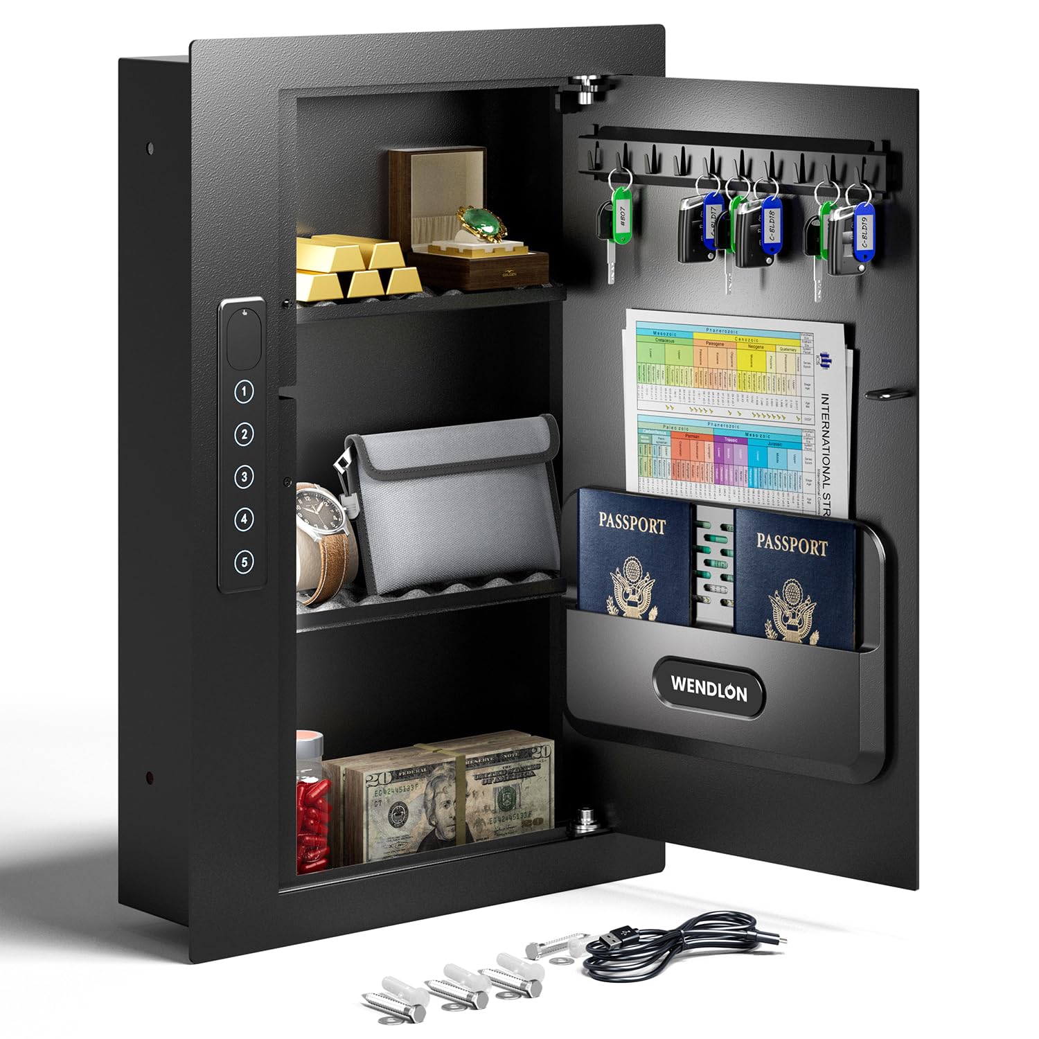 Quick Access Black Wall Safe with Document Storage Box, Flat Hidden In Wall Safes Between the Studs 16" Centers, Wall Mount Safe for Cash, Valuables