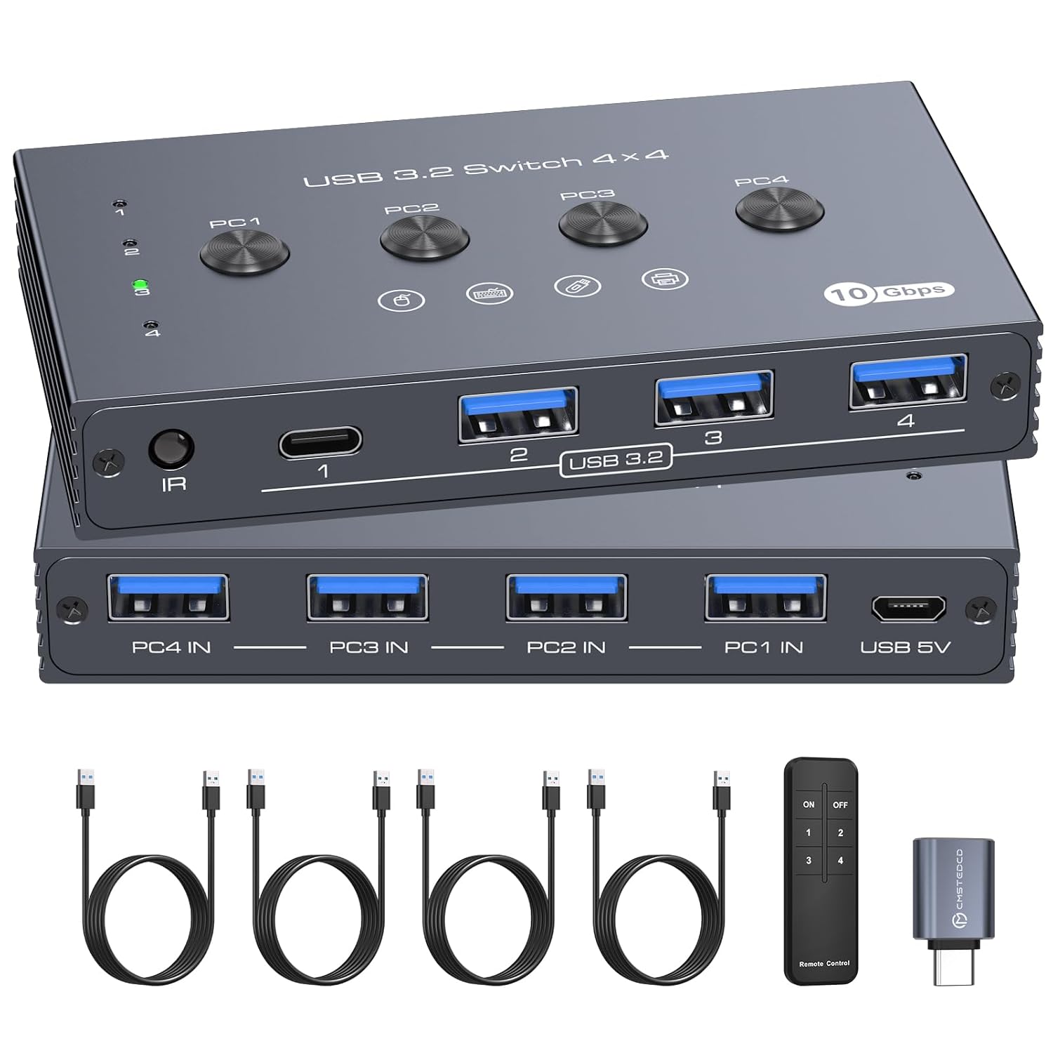 10Gbps USB 3.2 Switch 4 Computers Share 4 Peripherals 4 Port USB Switcher for Mouse Keyboard Printer with Remote and Cables