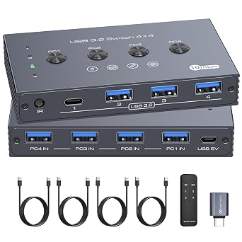 USB 3.2 Switch 4 Computers Share 4 USB Devices 4 Port USB Switcher for Mouse Keyboard Scanner Printer with Remote and Cables