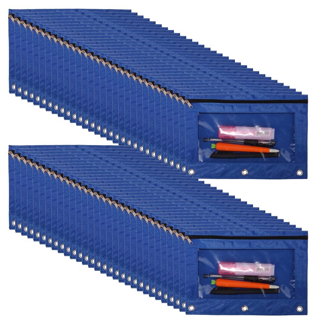 YoeeJob 60 Packs 3-Ring Pen Pencil Pouch with Clear Window Stationery Bag Binder Case Classroom Organizers (Blue)