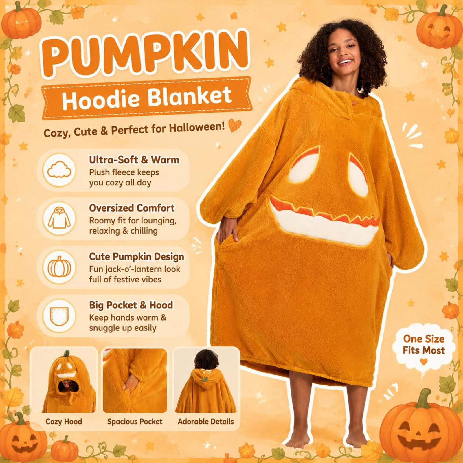 Costume Halloween Donna, Pigiama Intera Halloween Zucca con Cappuccio, Tuta Onesie in Pile Decorazioni, Pigiama Completo Adulto da Casa per Festa, Carnevale, Cosplay, Natale e Serate a Tema