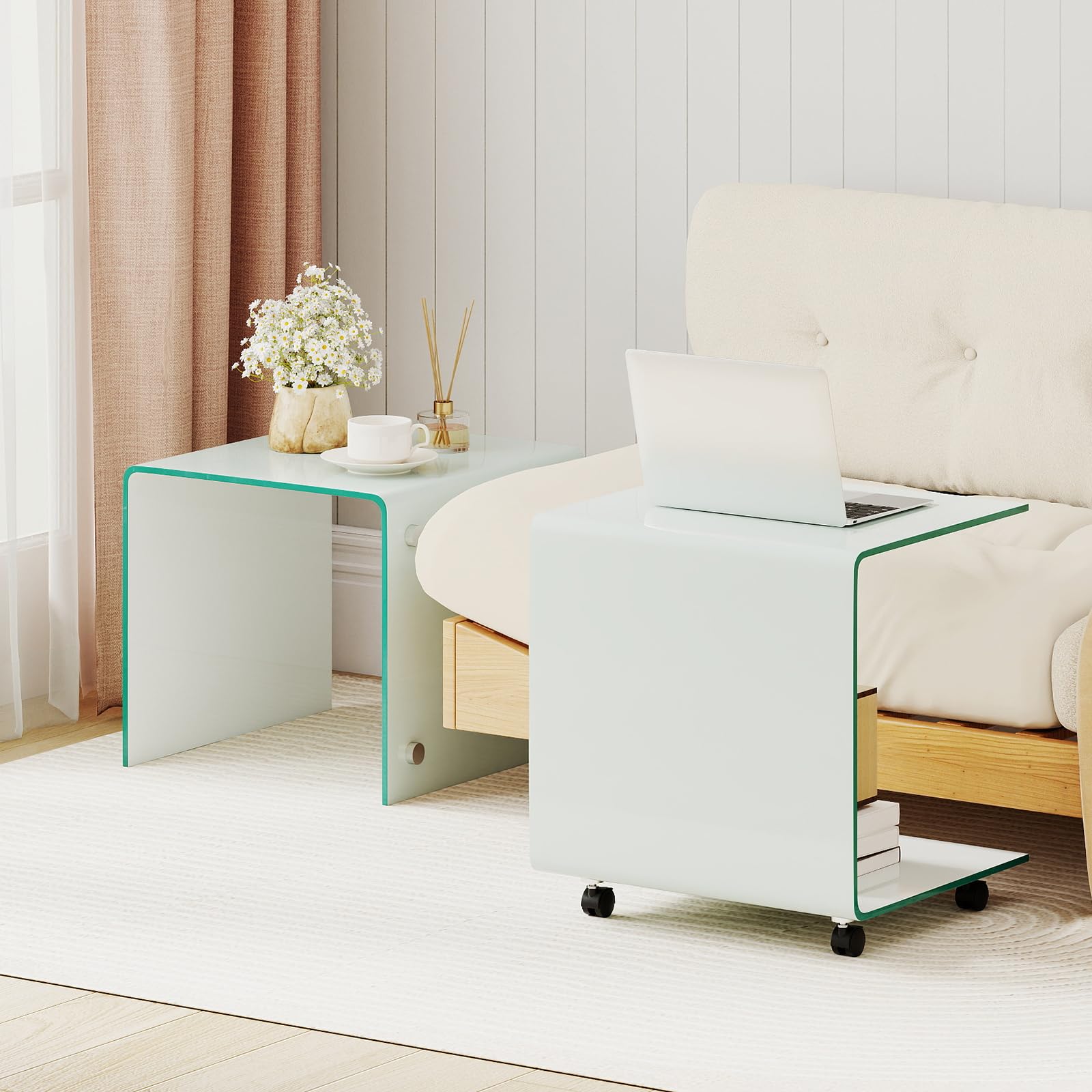 COSTWAY Mesas Auxiliares de Cristal, 45 x 45 x 41 cm, 2 Formas, Mesas de Centro Pequeñas, Mesa Auxiliar Salon Sofa de Vidrio Templado, Mesa para Café (Blanco,con Ruedas)