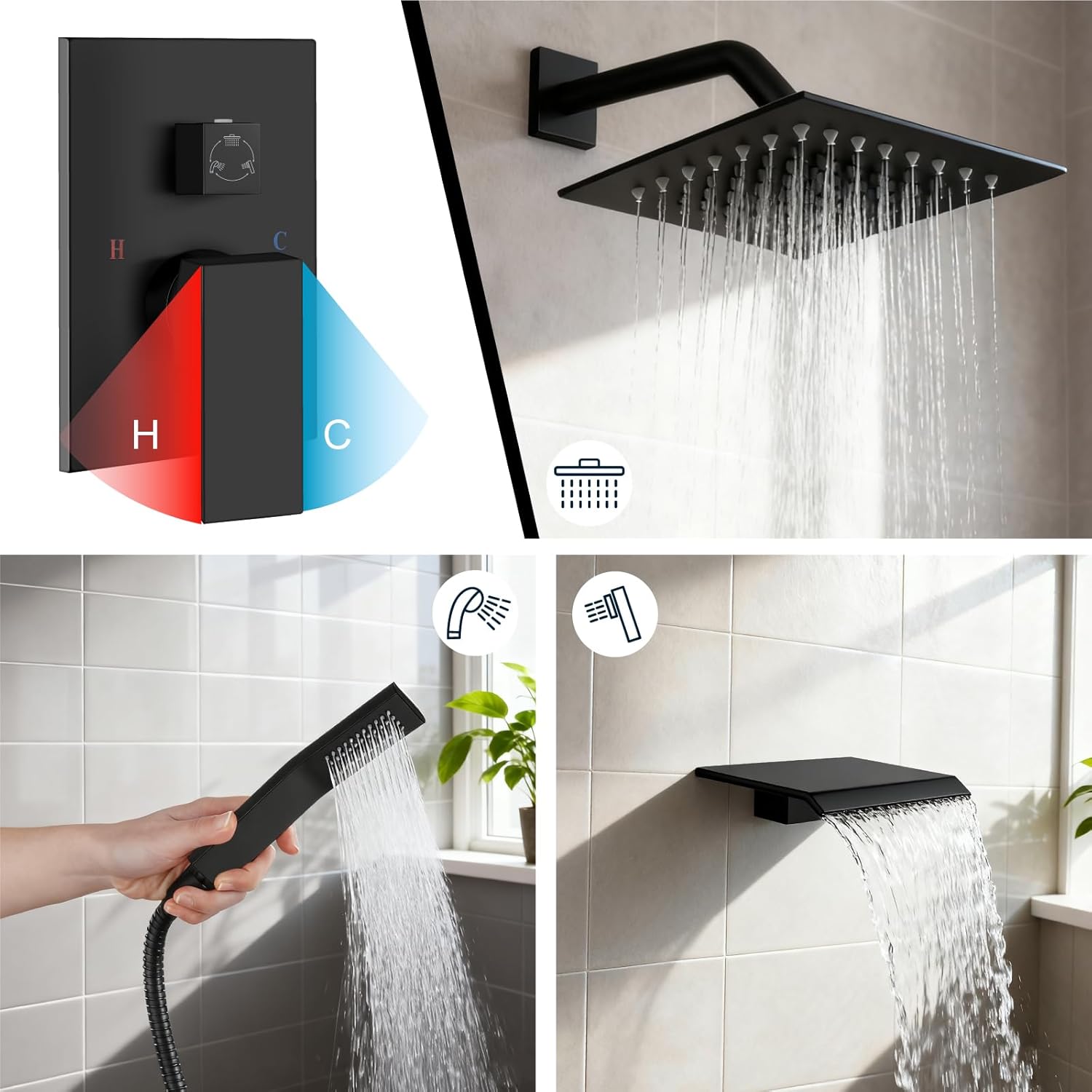 Midanya Shower System with Tub Spout,Bathtub Shower Faucet Set with Square Rainfall Head and Handheld Sprayer Wall Mount Tub Faucet Set with Valve and Trim Kit,8 Inch Matte Black - Image 4