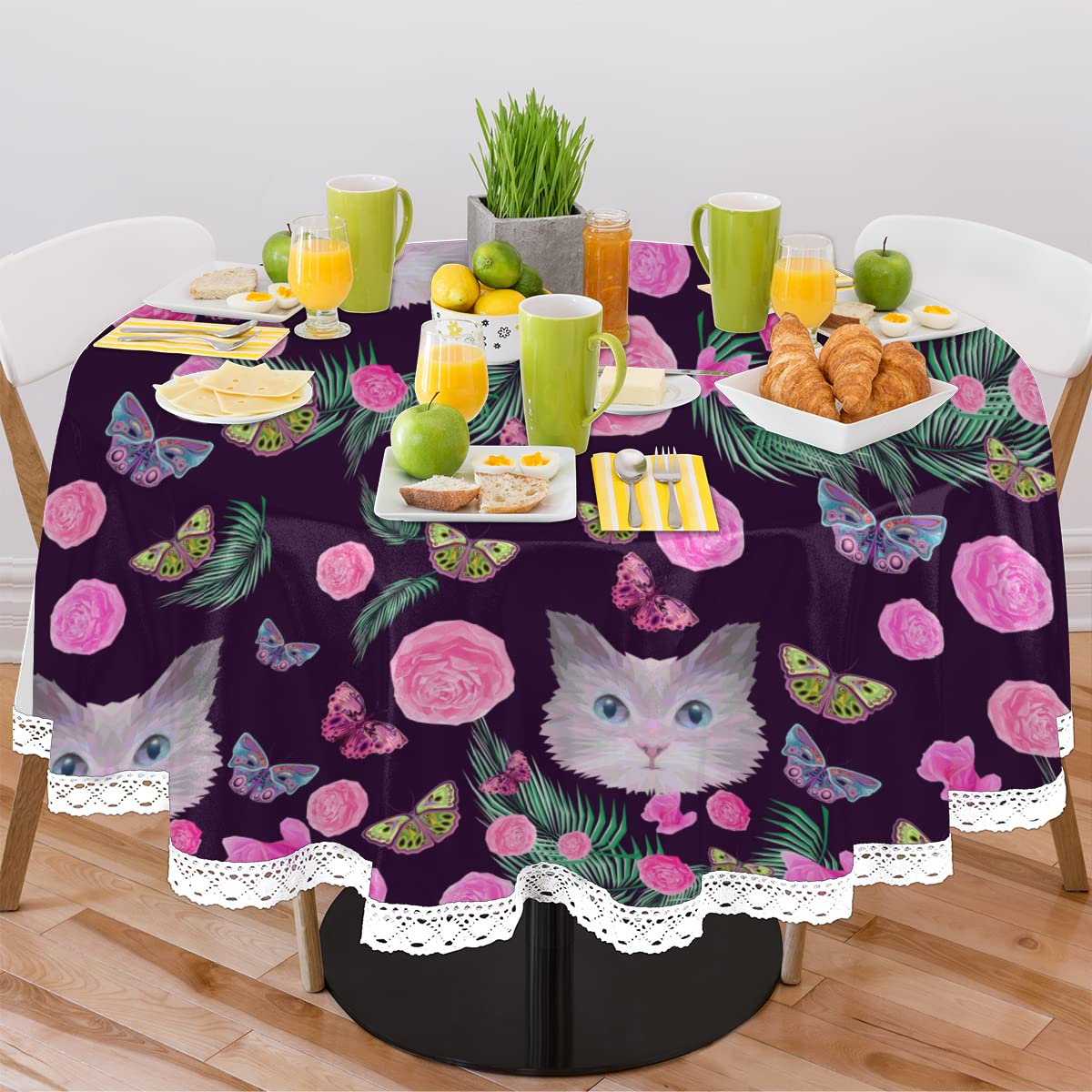QsirBC Flower Cat 60 Inch Round Tablecloth - Durable Wrinkle Proof Polyester Table Cloth, Elegant Lace Design Decorative Table Cover for Dining Kitchen Garden Patio Banquet