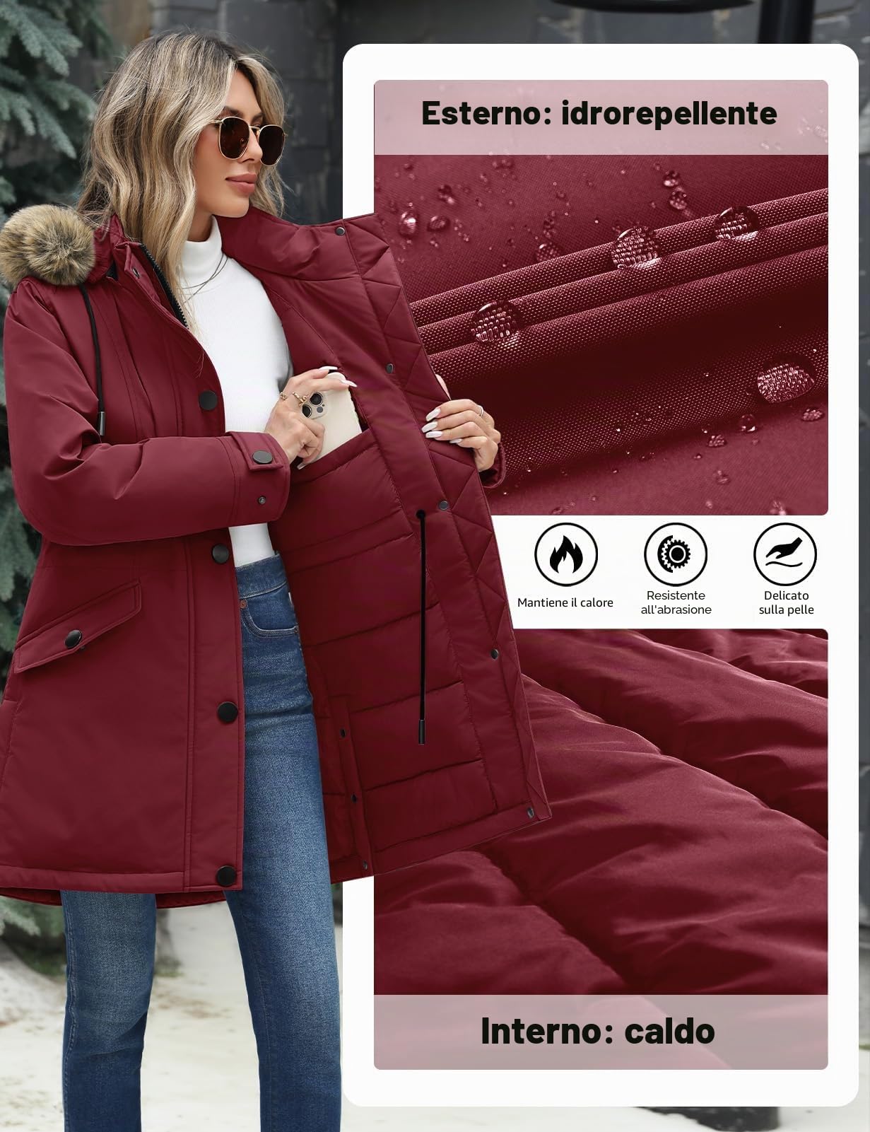 CMTOP Giacca Invernale Donna Media Lunga Cappotto Impermeabile Calda Comodi Antivento Parka Giubbotto Elegante Moda con Cappuccio Staccabile in Pelliccia Jacket Slim Fit con Zip Tasche