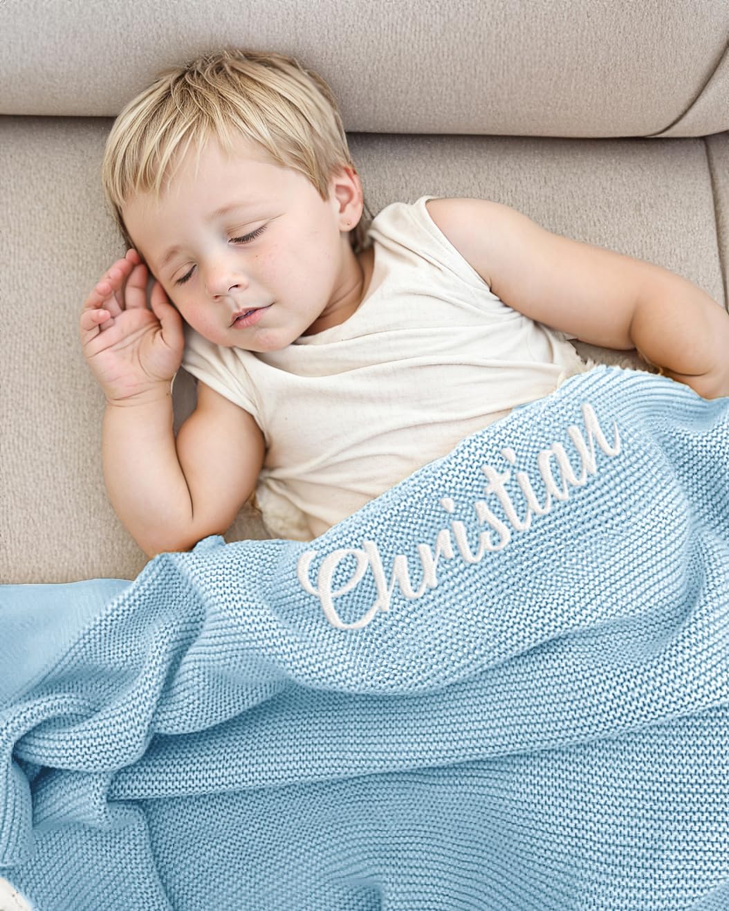 GELLEDI Personalized Baby Blanket with Name, Custom Soft Knit Baby Blanket with Embroidery Patterns, for Baby Showers, Newborn, Nurseries, Strollers Blanket, Car Seat Blanket, Sky Blue