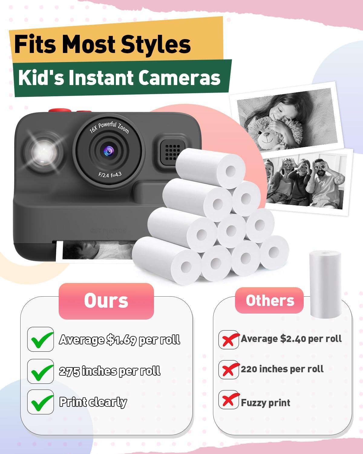 10 Rolls Kids Instant Camera Print Paper, Photo Printer Thermal Paper Rolls, BPA Free, Refill Replace Camera Instant Printer Paper for Most Kids Instant Camera - Image 4