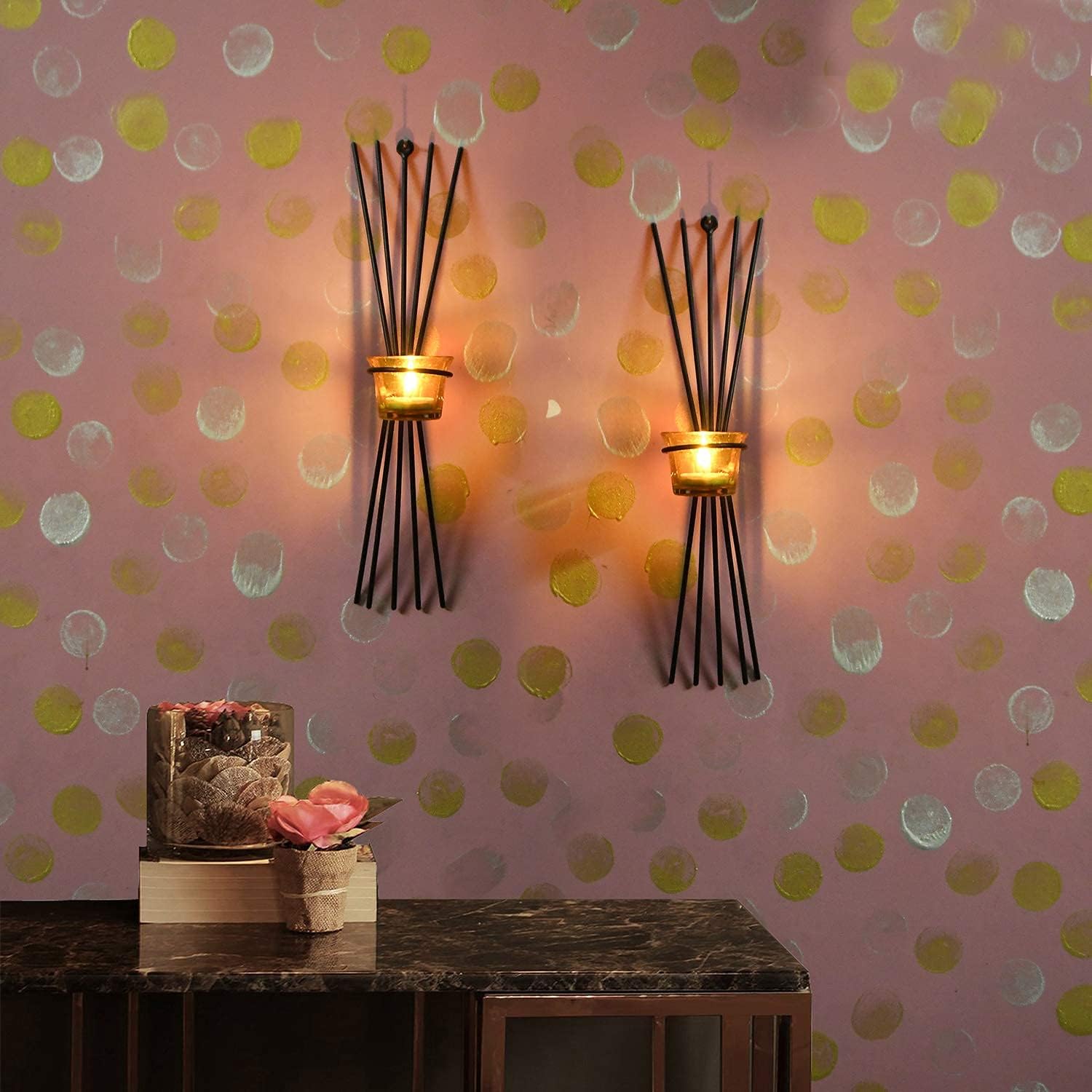 Indo Essentials-Wall Hanging Decorative Tealight Candle Holder for Home Decoration Metal Wall Sconce with 2 Multicolor Glass Cups and Decorative Tealight Candles Wall sconces