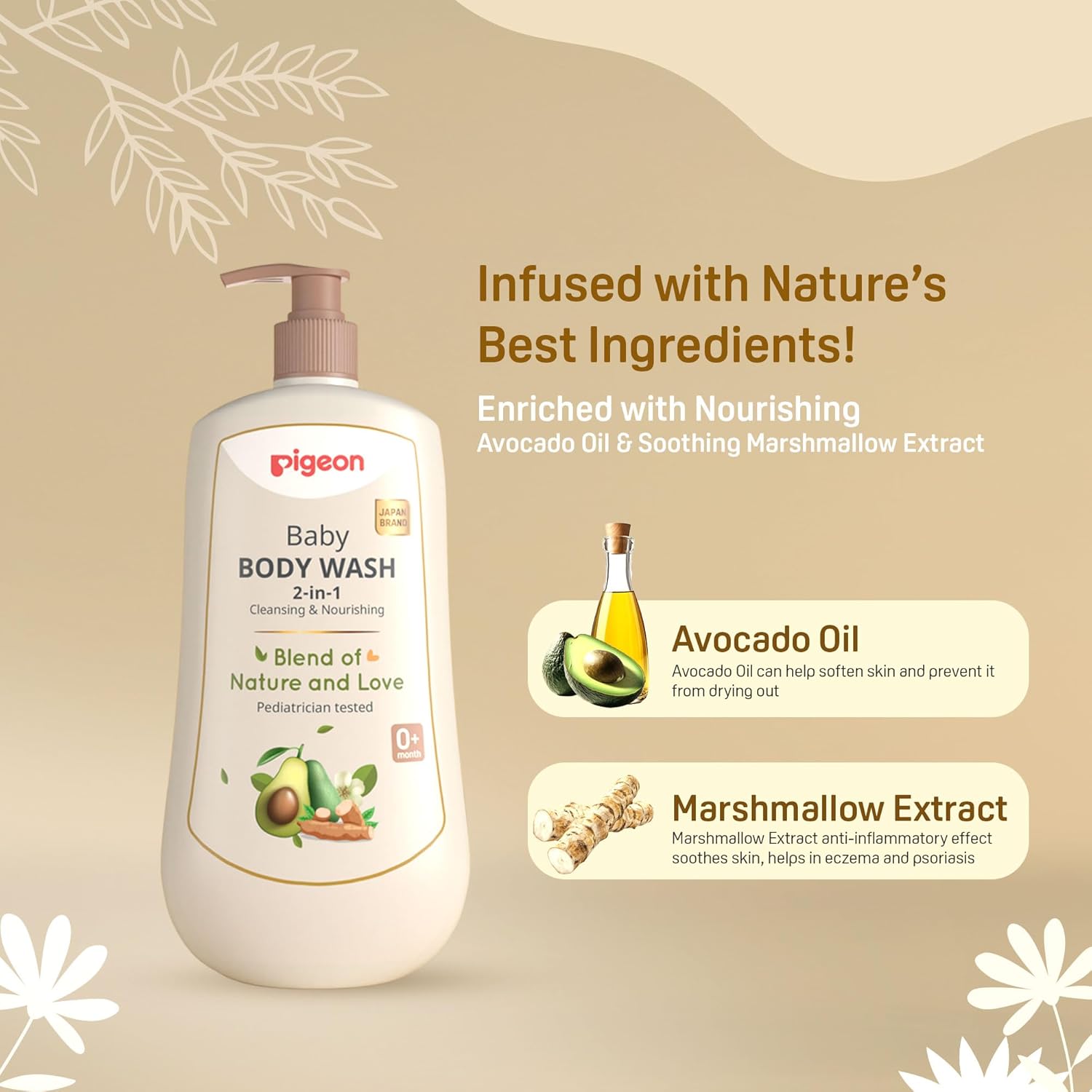 Pigeon 2-in-1 Baby Body Wash for Cleansing and Nourishing, Enriched with Avocado Oil and Marshmallow Extract, Parabens Fru, SLS and SLES Free - 500 ml Pigeon 2-in-1 Baby Body Wash for Cleansing and Nourishing, Enriched with Avocado Oil and Marshmallow Extract, Parabens Fru, SLS and SLES Free - 500 ml