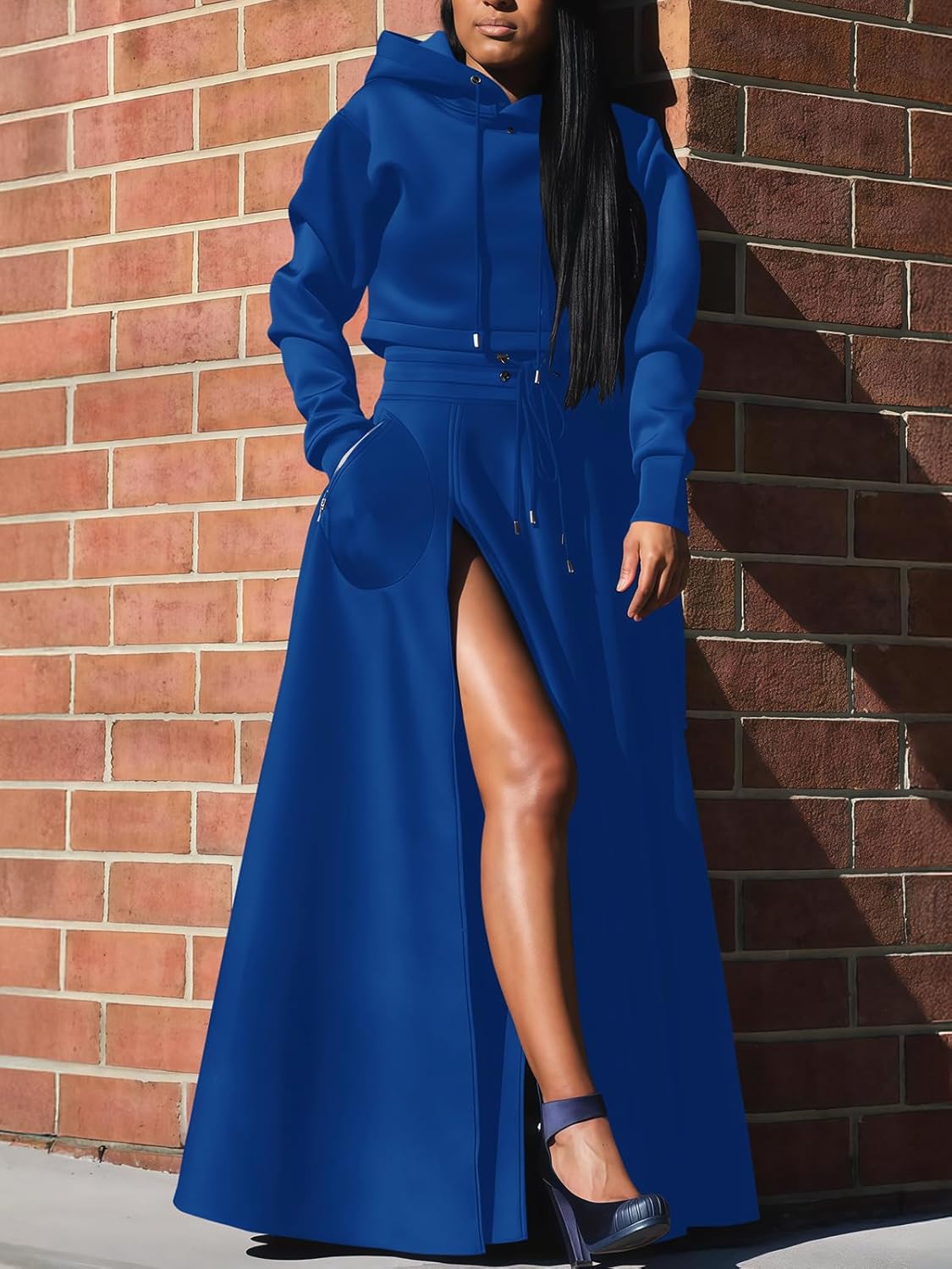 AirZeal Hoodie Skirt Set Women 2 Piece Outfits Cropped Long Sleeve Hoodies and High Slit Maxi Skirt with Pockets - Image 4