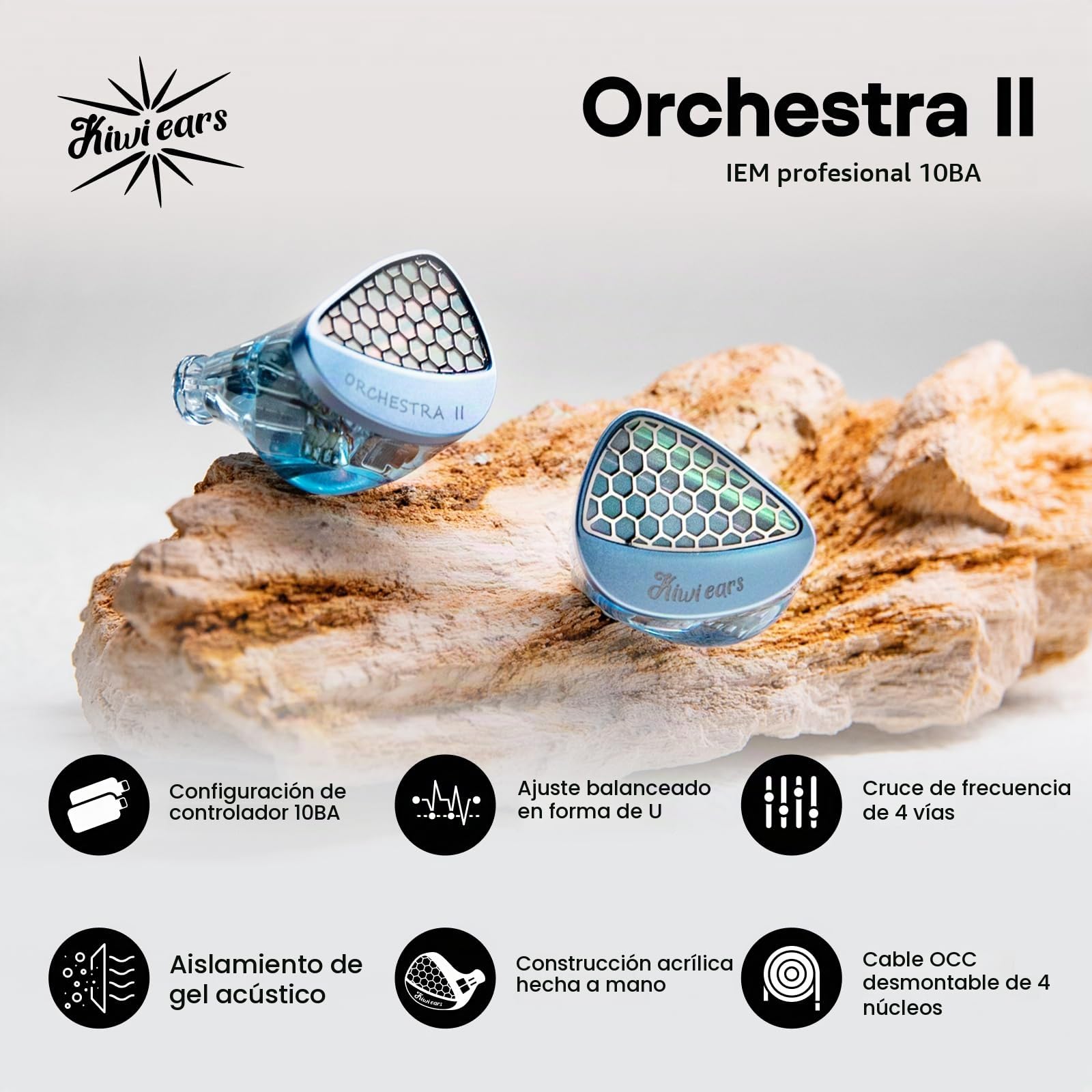 Linsoul Kiwi Ears Orchestra II 10BA In Ear Monitor Profesional,Auriculares IEM con Cable HiFi con Equilibrio Tonal Superlativo,Carcasa Artesanal para Todos los Individuos y Géneros Musicales (Azul)