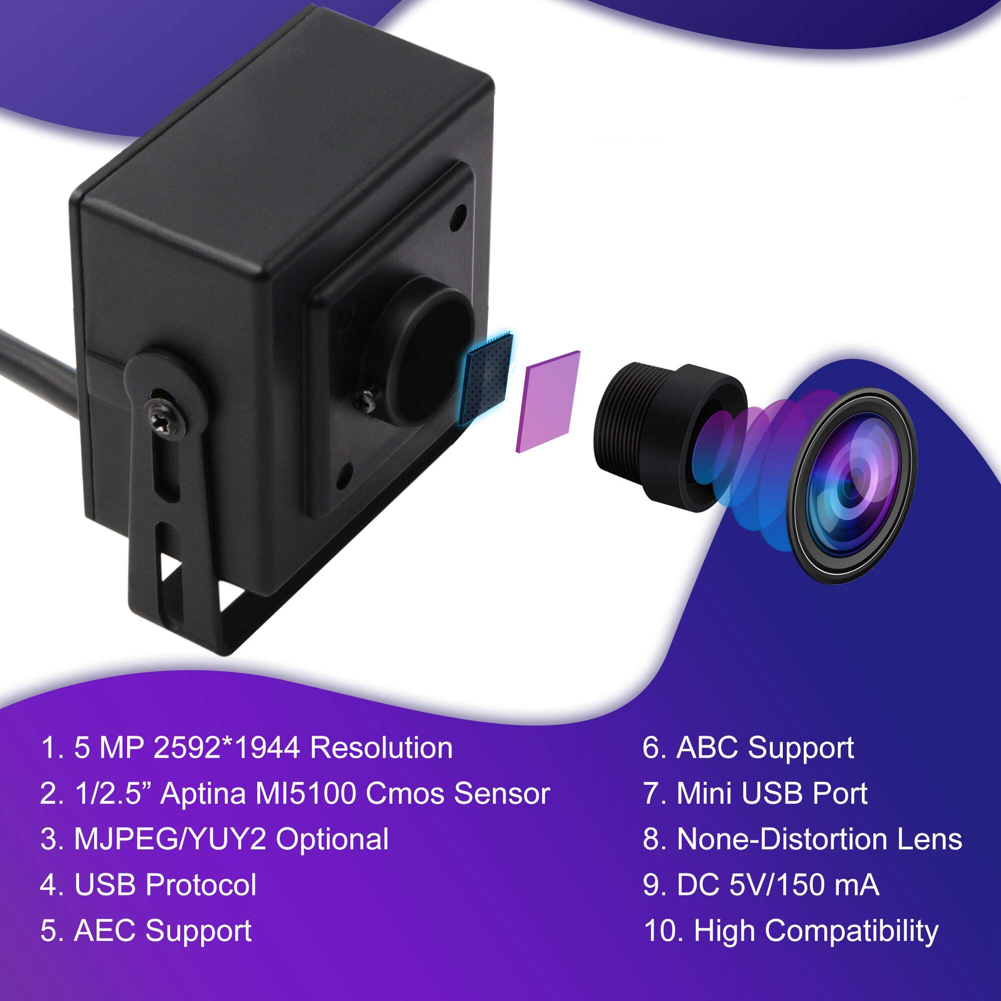 ELP OTG Cámara web de gran ángulo 5MP Aptina MI5100 CMOS 100 grados sin distorsión lente USB cámara para conferencias web/negocios/robot visión USB500W05G-BL100