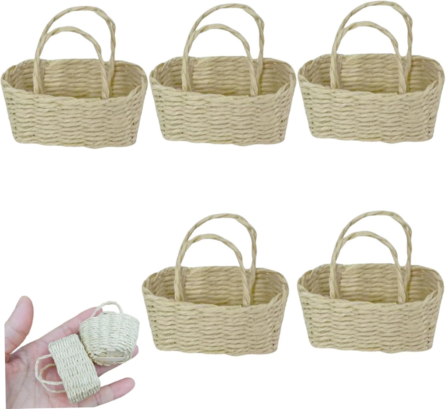 5Pcs Mini Basket with Handle DIY Simulation Mini Woven Basket Decorative Dollhouse Miniature Buckets for Picnic Candy Easter Egg Dollhouse Accessories