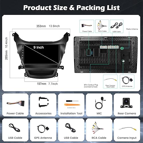 Miniatura 8 de 4+64G Android 15 Estéreo de coche para Hyundai Elantra 2014-2016, Hikity 9 pulgadas IPS pantalla táctil Radio inalámbrico Carplay Android Auto