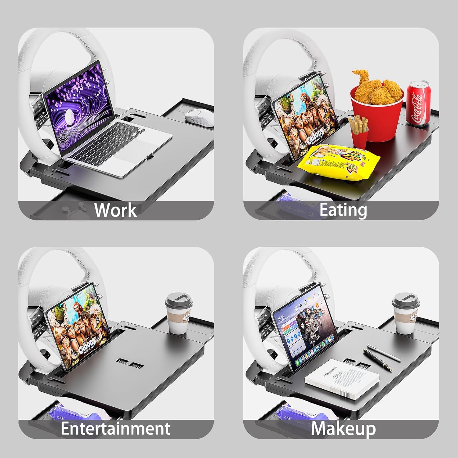 Steering Wheel Tray, Car Food Tray, Car Desk for Laptop, Multipurpose Car Table for Eating & Work, Adjustable Car Tray with Drawer and Anti-Slip Protective Adhesive 26" L x 10" W x 2" H