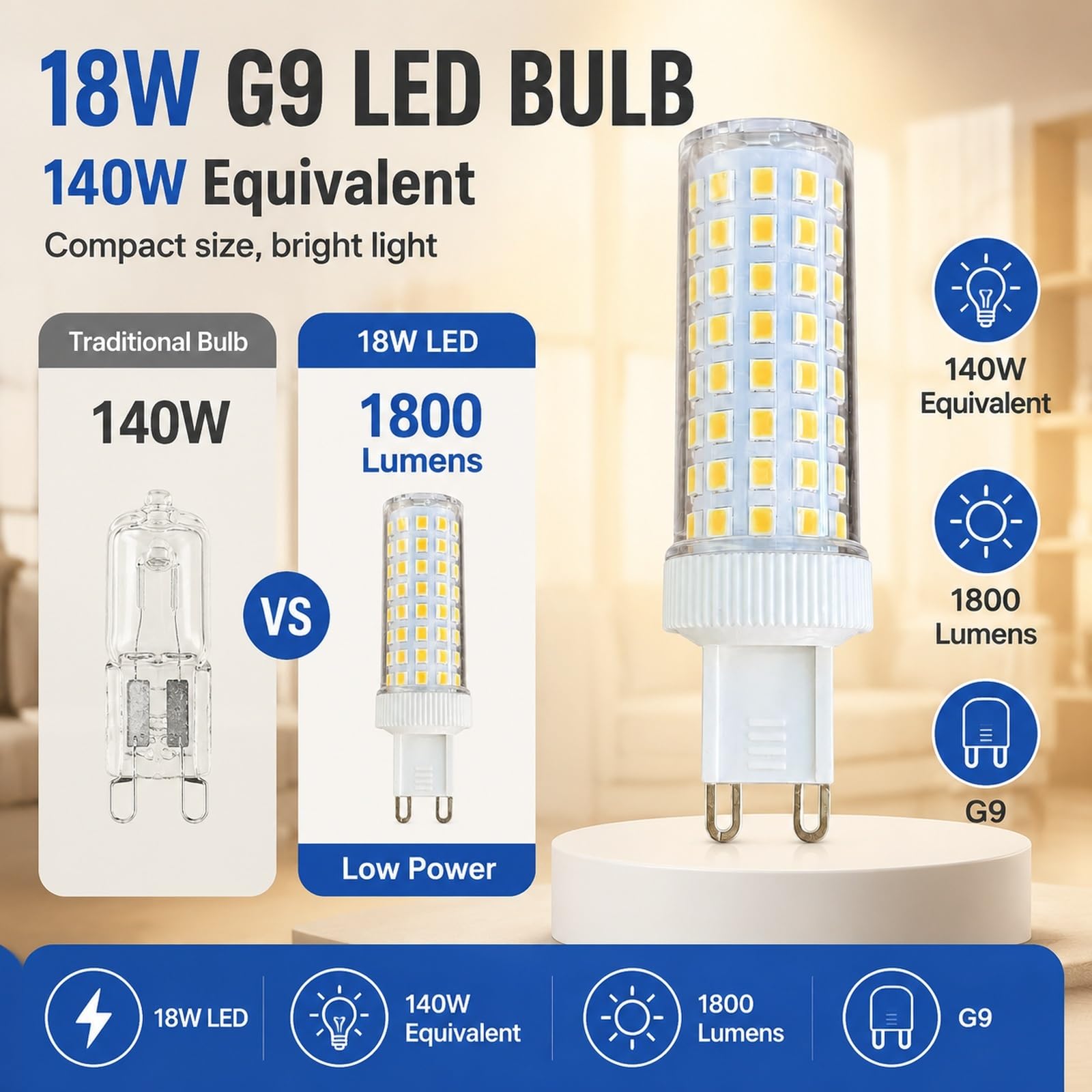Lampadine LED G9 Mais,18W eq 140W,Bianco freddo 6000K, 220-240V,Alta lum,CRI>95,Senza sfar,Per applique murale lampadario sosp,Non dimmabile,Confezione da 4