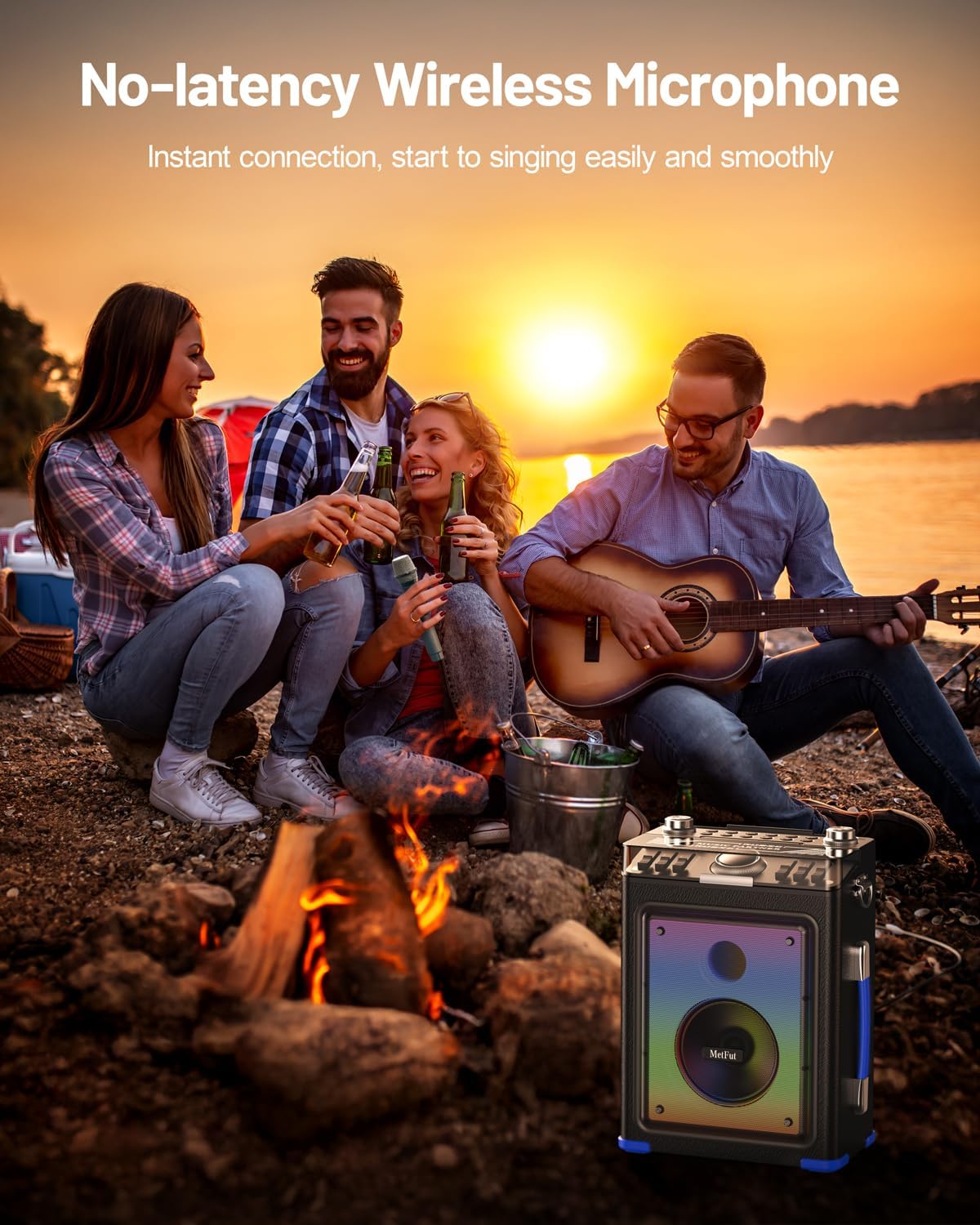 Professional Karaoke Machine for Adults with Bluetooth 5.3, 2 Wireless Mics, Portable Wooden Speaker PA System with Bass/Treble Adjustment for Backyard, Home Parties and Camping-Blue - Image 5