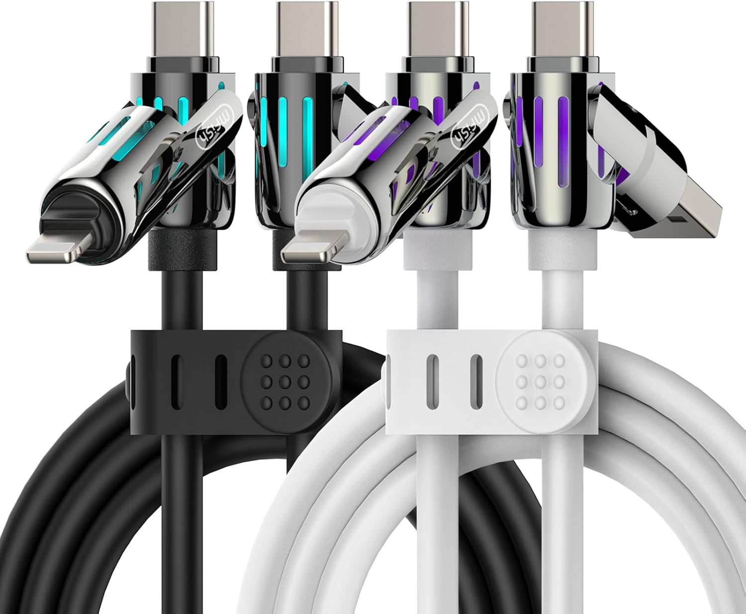 MFish 2-Pack 240W 4-in-1 Multi Charging Cable with Carrying Case, 6.6FT Fast Charge USB-A & USB-C to USB-C/Lightning, for iPhone 17/16/15/14, MacBook, iPad, Samsung S25/S24 (Black+White)