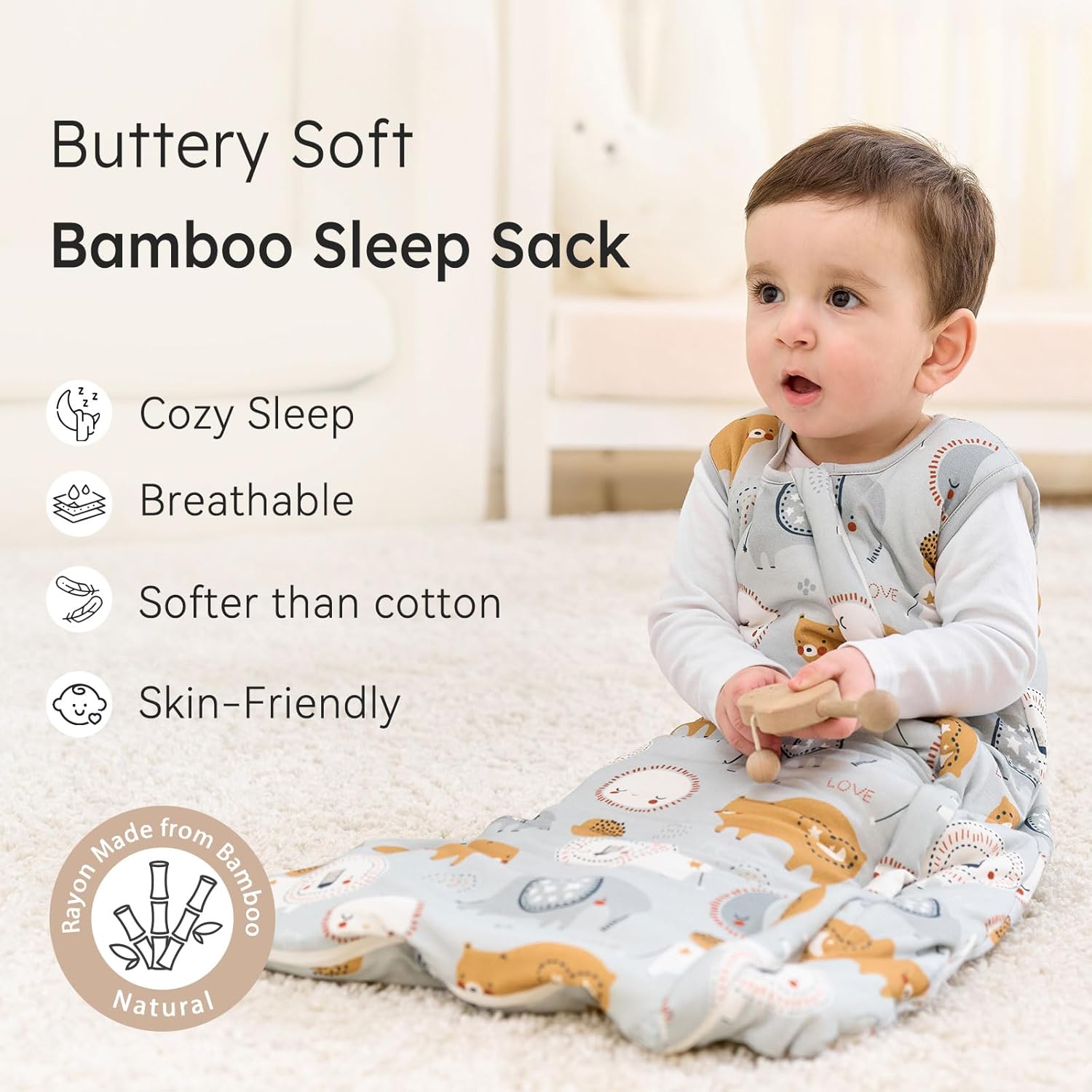 Rayon Made from Bamboo Baby Sleep Sack 12-18 Months 1.0 Tog Baby Wearable Blanket Super Soft Sleeping Sack with 2-Way Zipper for Toddler Infant - Large Gray Elephant - Image 2