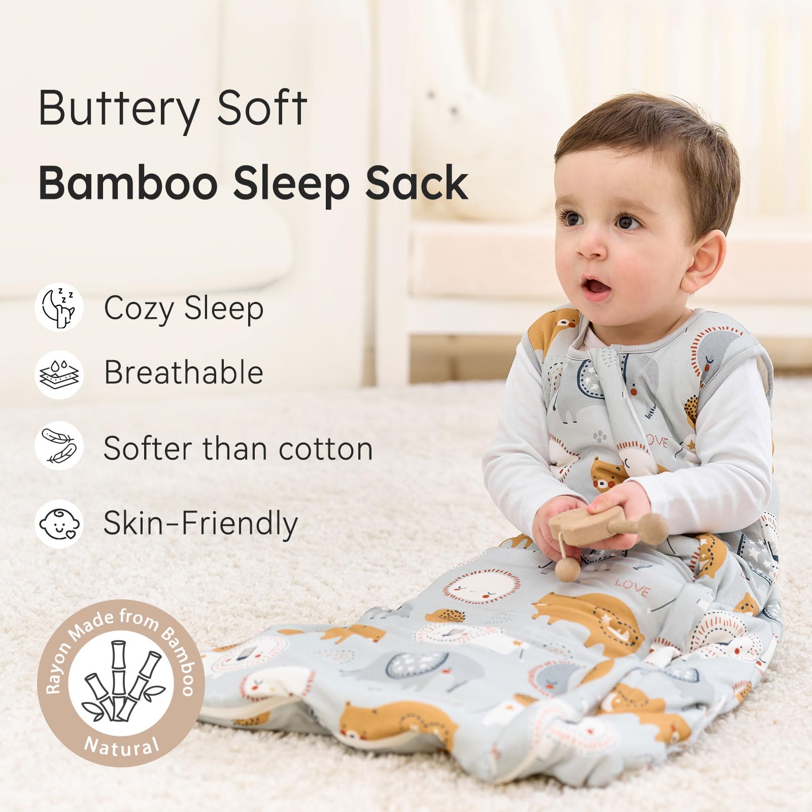 Unnivoll Rayon Made from Bamboo Baby Sleep Sack 6-12 Months 1.0 Tog Baby Wearable Blanket with 2-Way Zipper Super Soft Sleeping Sack for Infant Newborn - Medium Gray Elephant
