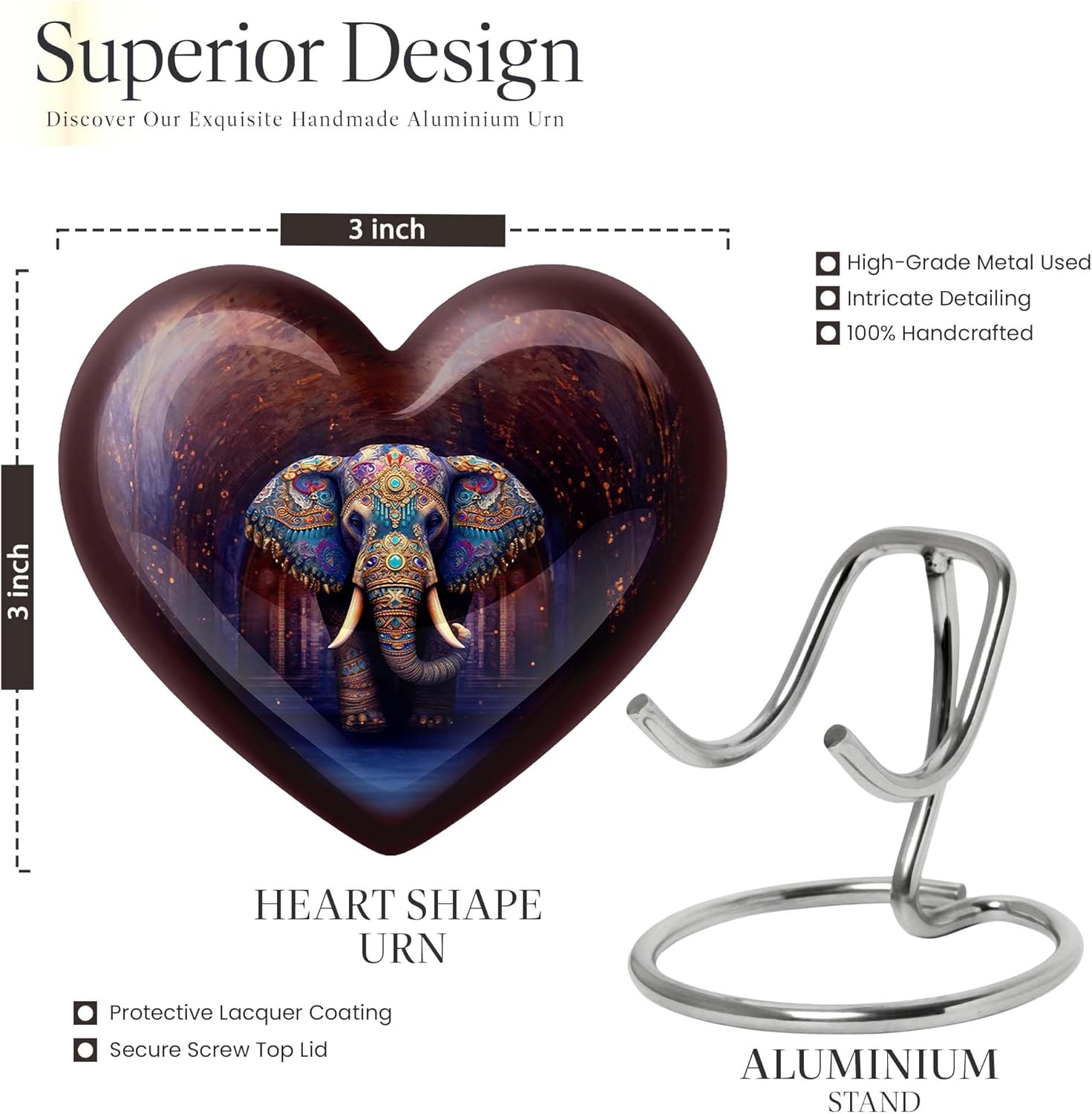 Elephant Covered in Intricate Patterns - Keepsake Urns for Human Ashes - Mini Keepsake Urns - Human Memorial Urn - Keepsake Urns - Small Keepsake Urns - 3 Inch - Pack of 1