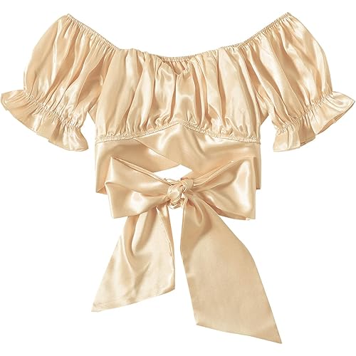 LYANER Women's Ruffle Short Sleeve Tie Up Back Crop Top Off Shoulder Bardot Blouse