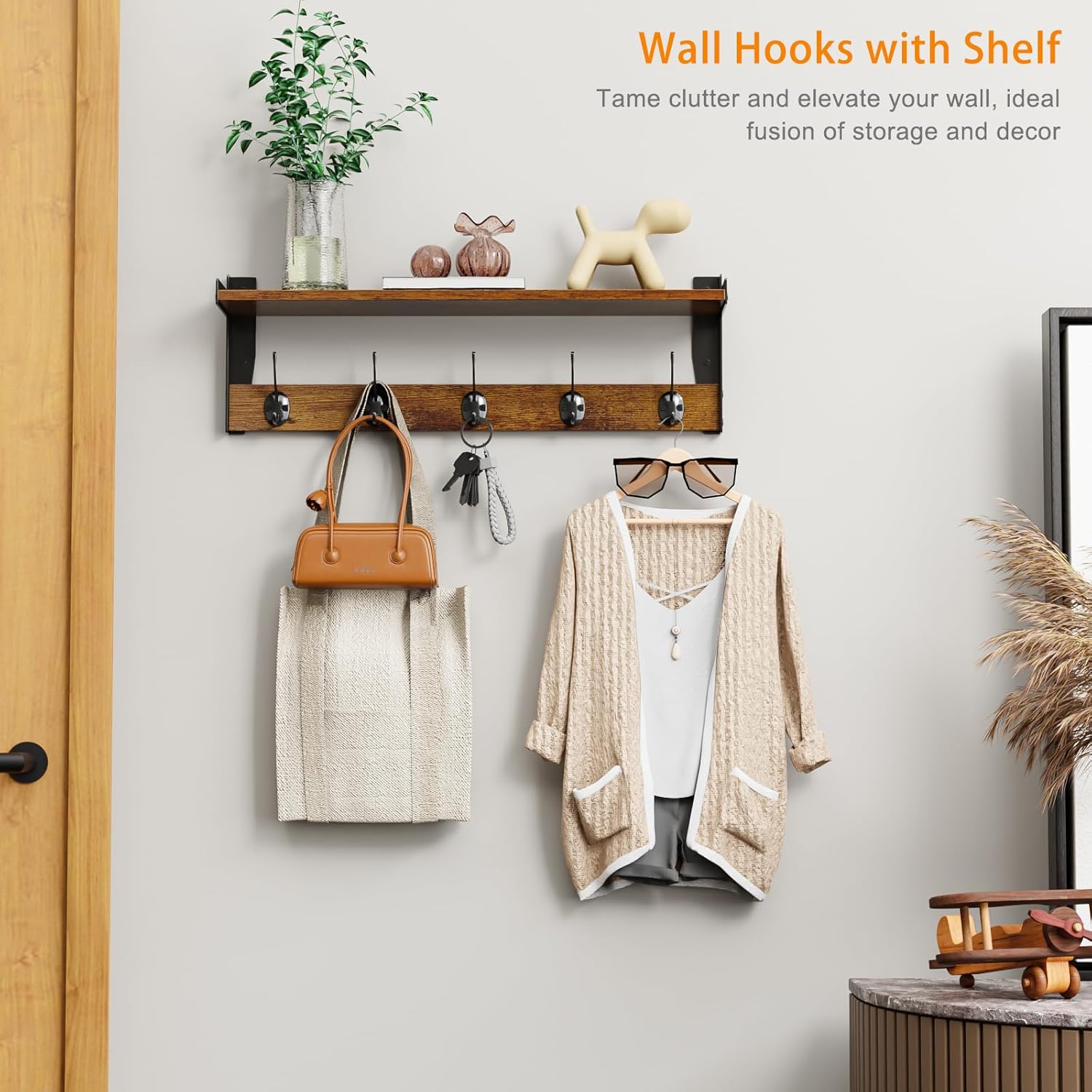 FNBAR Coat Rack with Wall Mount, 23 Inch Long Entryway Wall Shelf with Hooks, Wood Hanger with Storage Shelf for Bathroom, Hallway, Rustic Brown