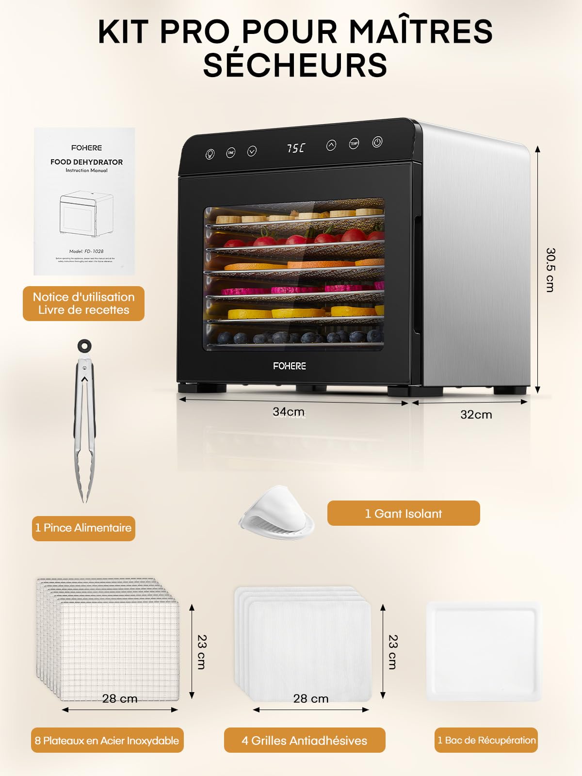 FOHERE Déshydrateur Alimentaire Professionnel 8 Plateaux Inox Silencieux <40dB, Utilisation Nuit, Contrôle Précis 35-75°C Minuterie 48h, pour Champignons Fruits Légumes Viande Séchée Snacks Bébé