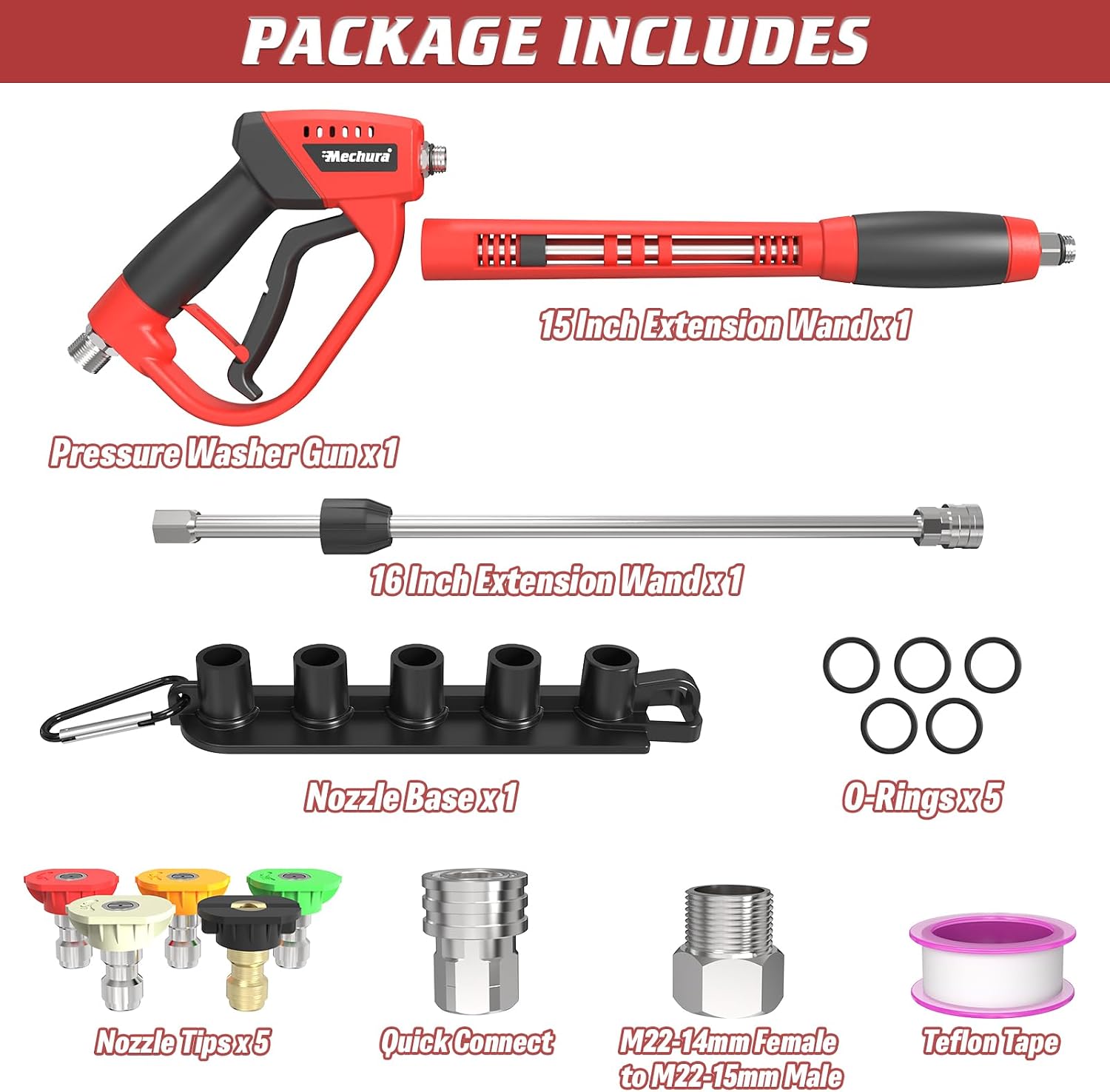 Pressure Washer Gun 5000PSI with Extension Wands, 40 Inch Pressure Washer Accessories with 1/4" Quick Connect Outlet, Car Wash Gun with 5 Nozzle Tips and M22-14mm to M22-15mm Adapters