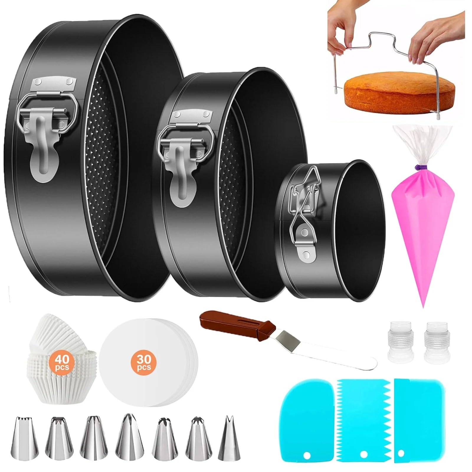 100PCs Cake Pan Sets for Baking with Cake Decorating Kits 3 Non-Stick Springform Pans Set (4 7 8 in) Piping Tips Kit Cake Leveler Multi-Functional Leak-Proof Cheese (100)
