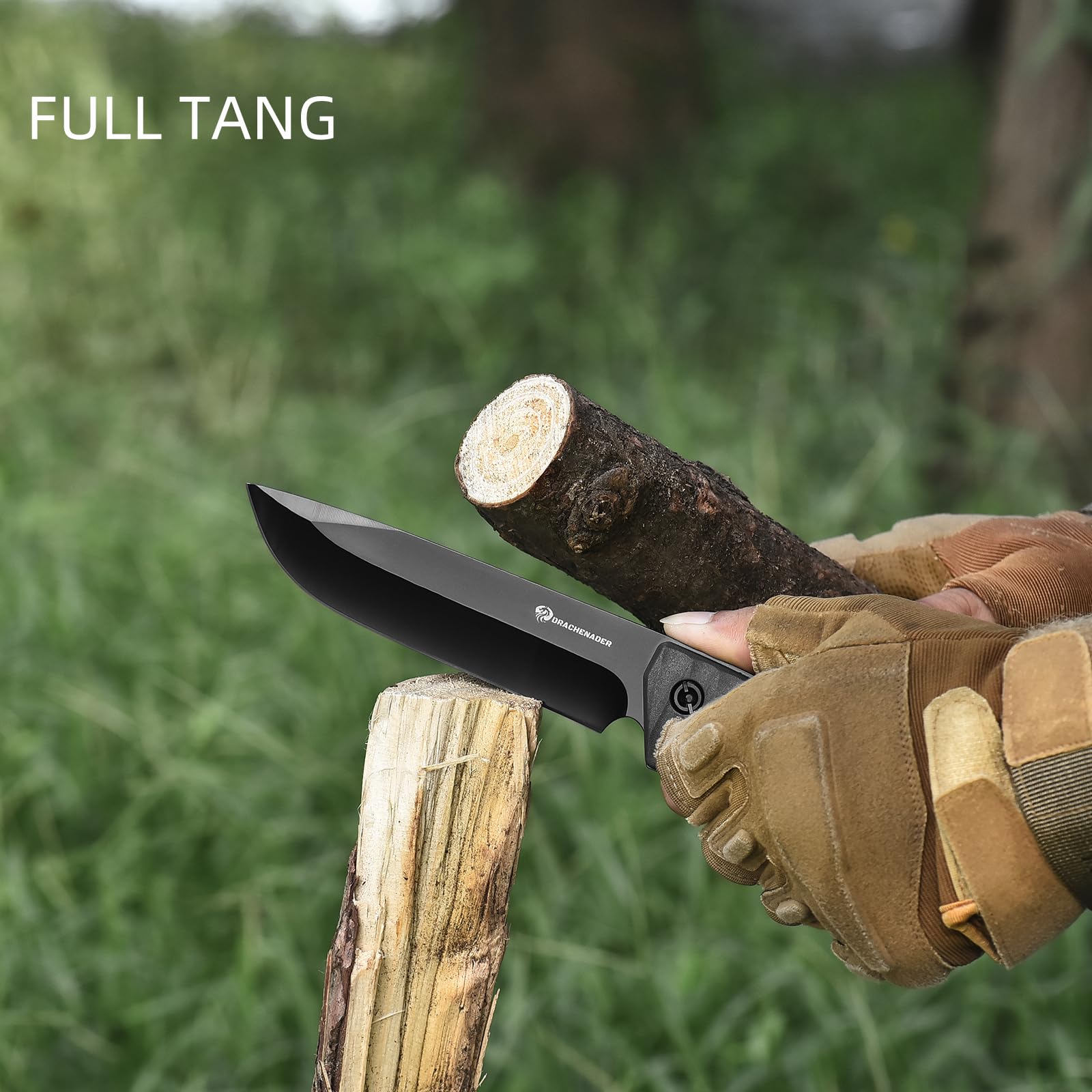 DRACHENADER XR-B01 Coltello da caccia con fodero - Full Tang Outdoor Messer, lunghezza totale 25,7 cm, manico in ABS, Full-Schwarz, Può essere indossato incrociato sulla cintura