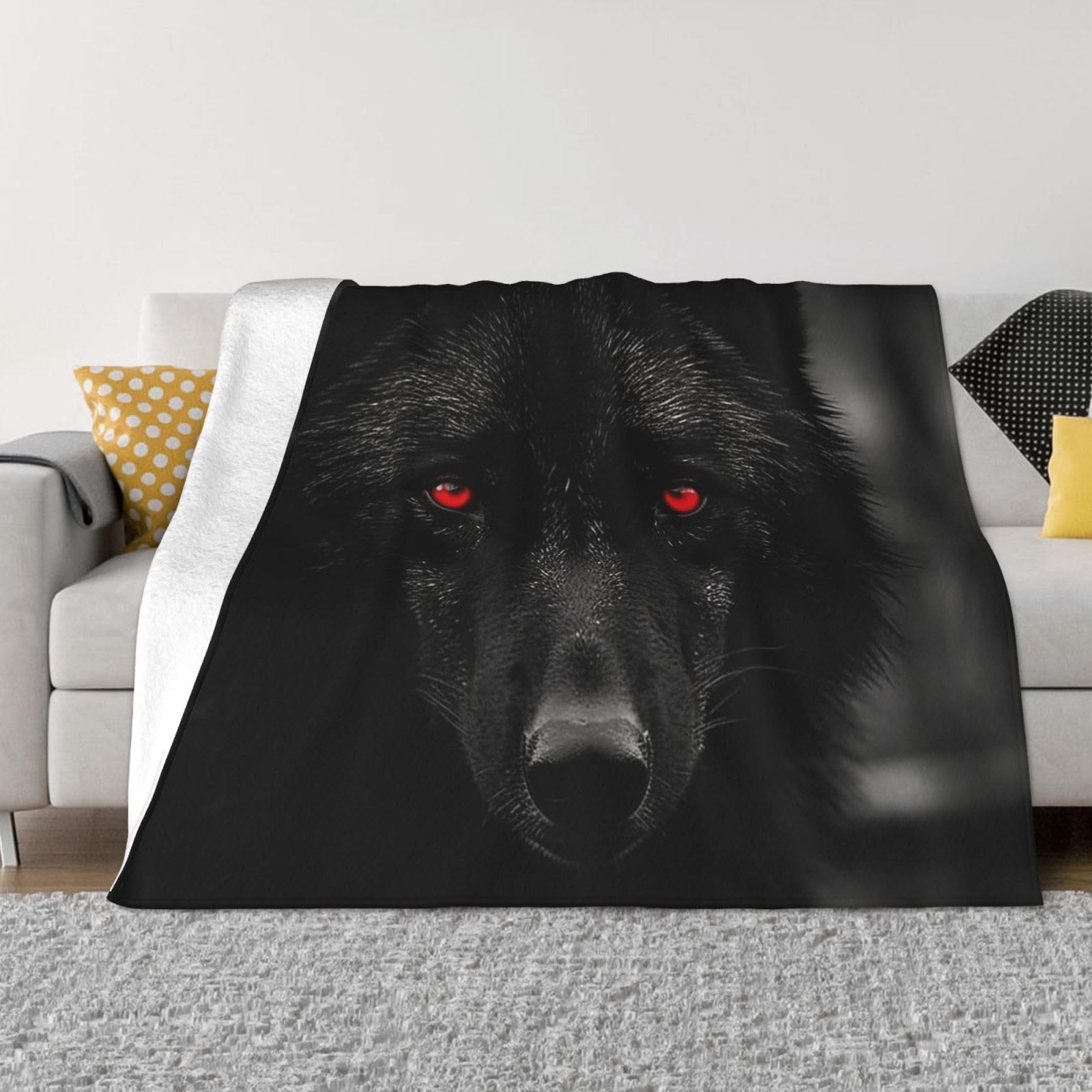 Fodpand Black Red Eyed Wolf Flannel Blanket 60"X50" - Ultra-Soft Lightweight Throw Blanket For Bed, Sofa, And Couch - Luxury Air Conditioning Blankets - Cozy Warm Blankets For All Seasons