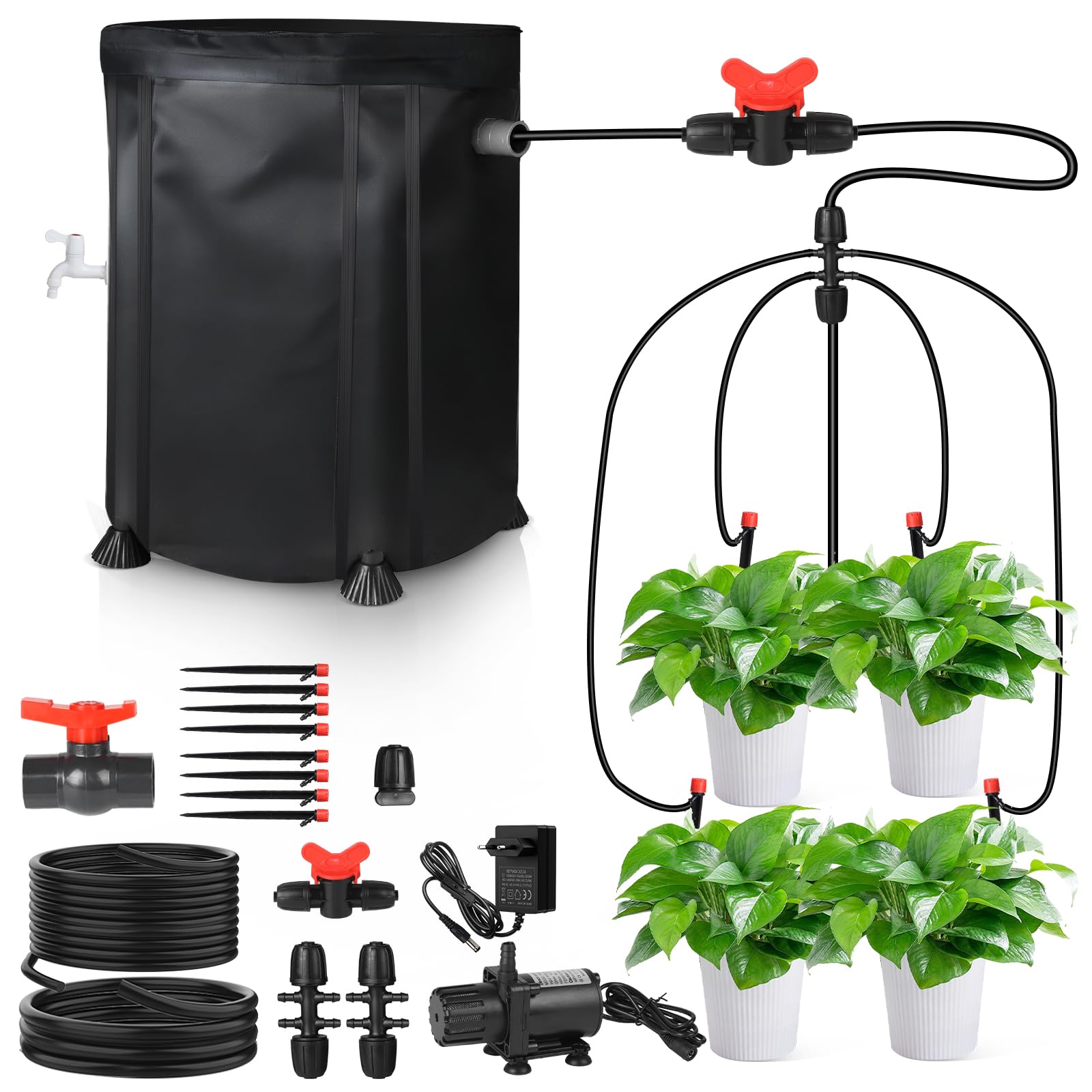 SWAWIS Automatyczny system nawadniania, rośliny pokojowe, 50 l, z pompą wodną 25 W, 8 dysz kropelkowych, do wnętrz, trawnika, szklarni, podwórza