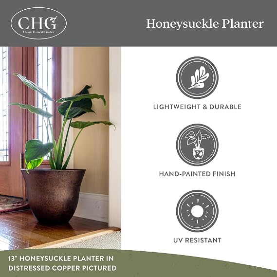 Classic Home and Garden Honeysuckle Teras Saksısı, Bahçe Bitki Saksısı, 38,1 cm, Distressed Copper