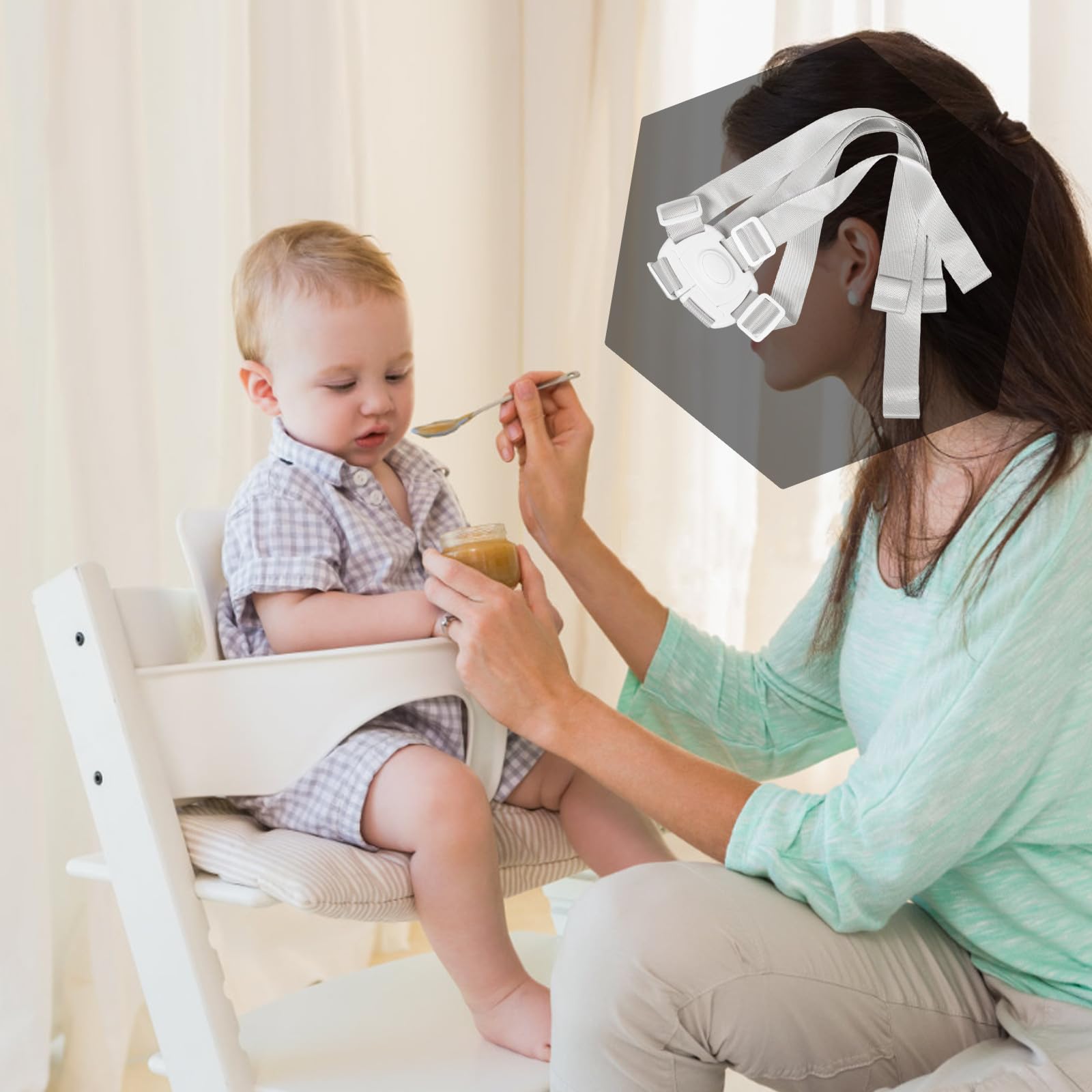 Harnais de Sécurité 5 Points Blanc pour Chaise Haute et Poussette, Sangles Réglables, Accessoire Bébé