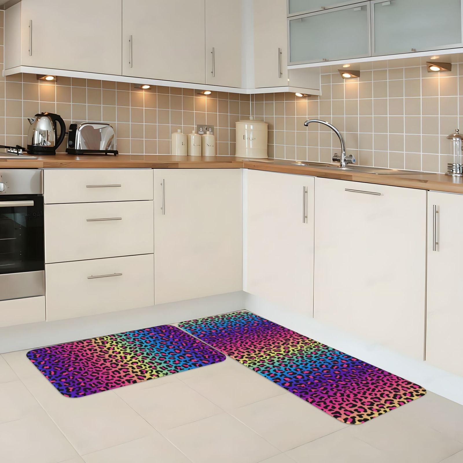 GVYGVY Antifatigue Kitchen Mats for Floor 2 Piece - Leopard Neon Rainbow Print Kitchen Rugs Washable, Non Slip Runner Rug Standing Mat for Office/Bathroom/Laundry/Home Decor and Accessories