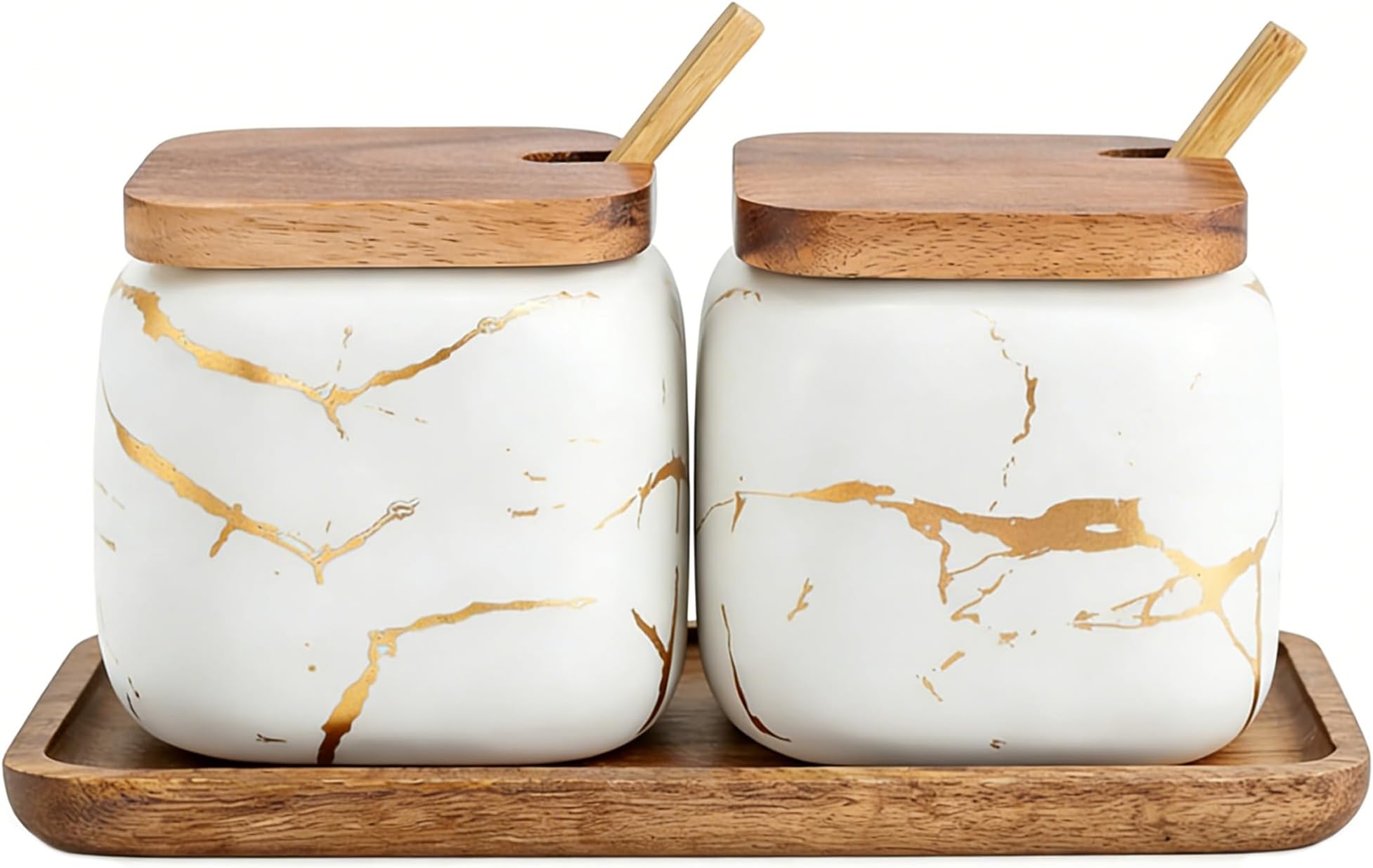EIMQUVW Sets of 2 Marble Ceramic Seasoning Jars Ceramic Sugar Salt bowl Condiment Pots with Wooden Lids,Wooden Spoon and Woodens Tray(White)