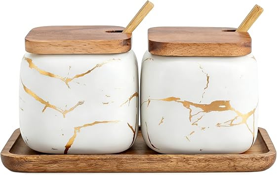 EIMQUVW Sets of 2 Marble Ceramic Seasoning Jars Ceramic Sugar Salt bowl Condiment Pots with Wooden Lids,Wooden Spoon and Woodens TrayWhite